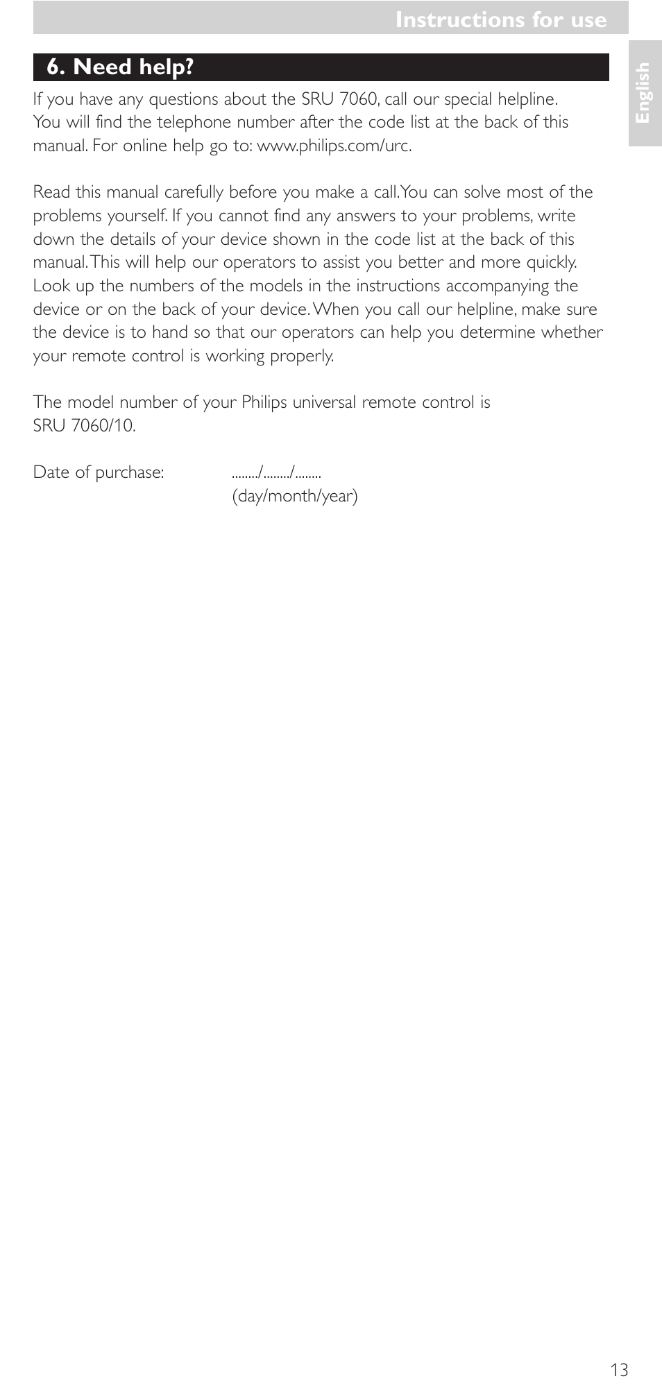 Need help, Instructions for use | Philips Mando a distancia universal User Manual | Page 13 / 152