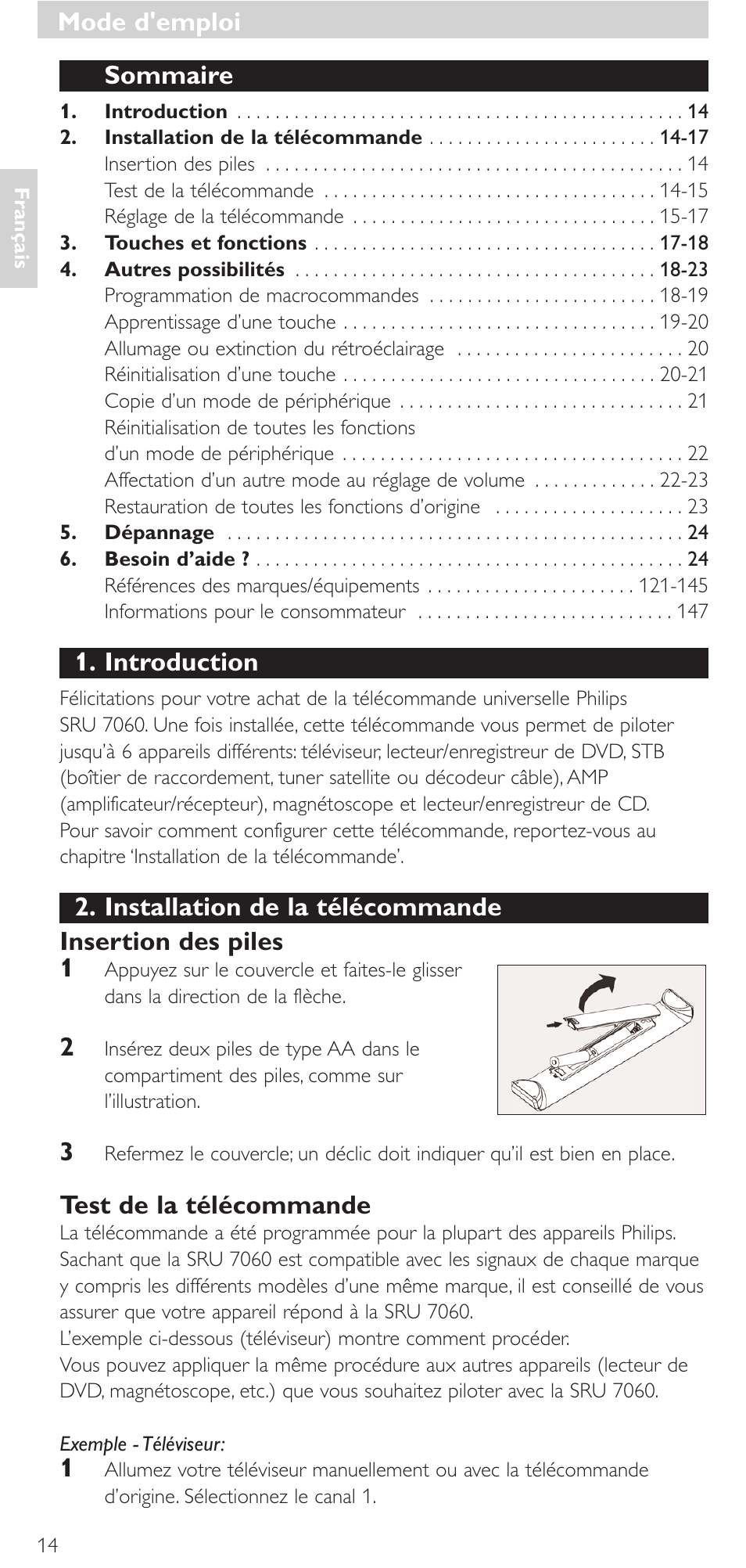 Sommaire, Introduction, Test de la télécommande | Mode d'emploi | Philips Mando a distancia universal User Manual | Page 14 / 152