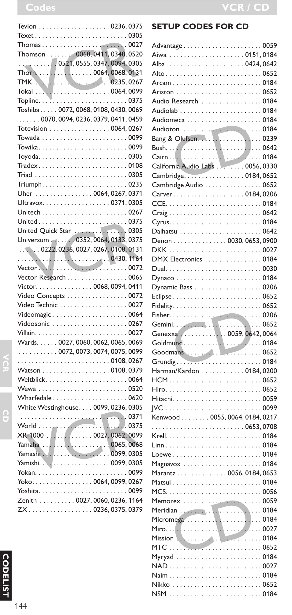 Vcr cd vcr cd vcr cd | Philips Mando a distancia universal User Manual | Page 144 / 152