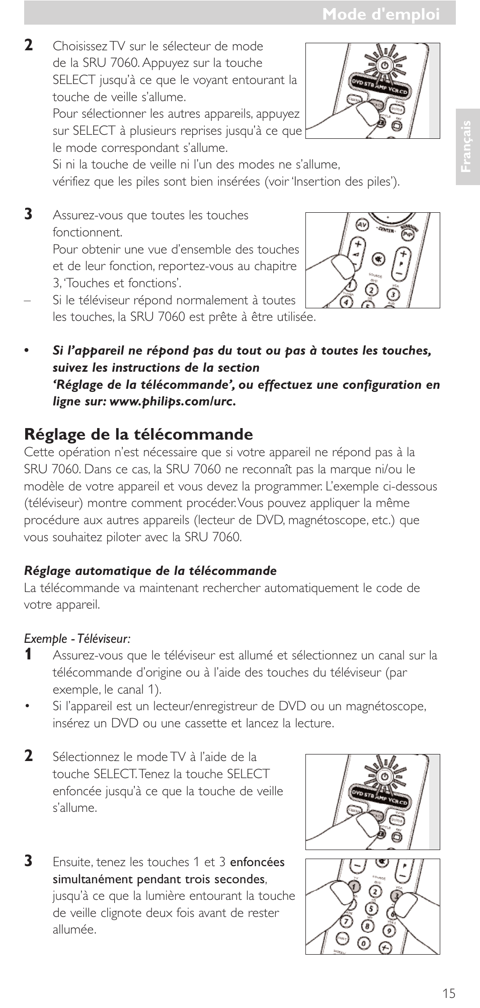 Réglage de la télécommande, Mode d'emploi | Philips Mando a distancia universal User Manual | Page 15 / 152