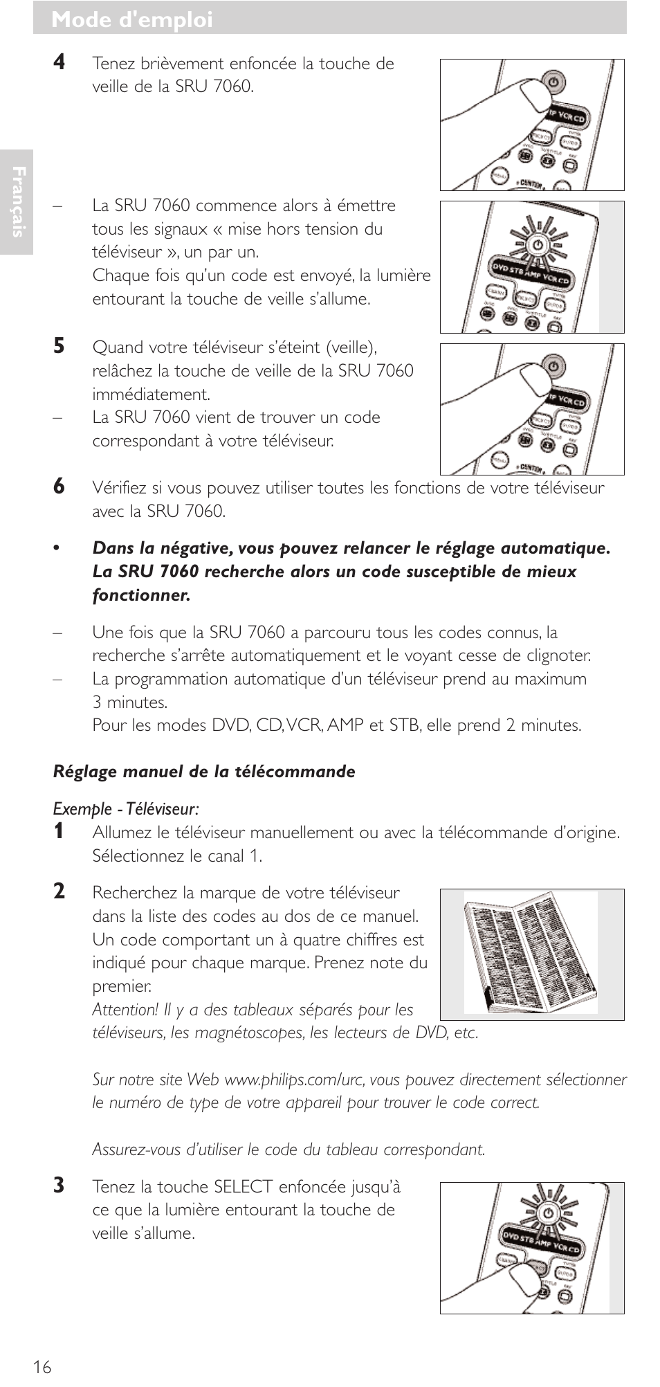 Mode d'emploi | Philips Mando a distancia universal User Manual | Page 16 / 152