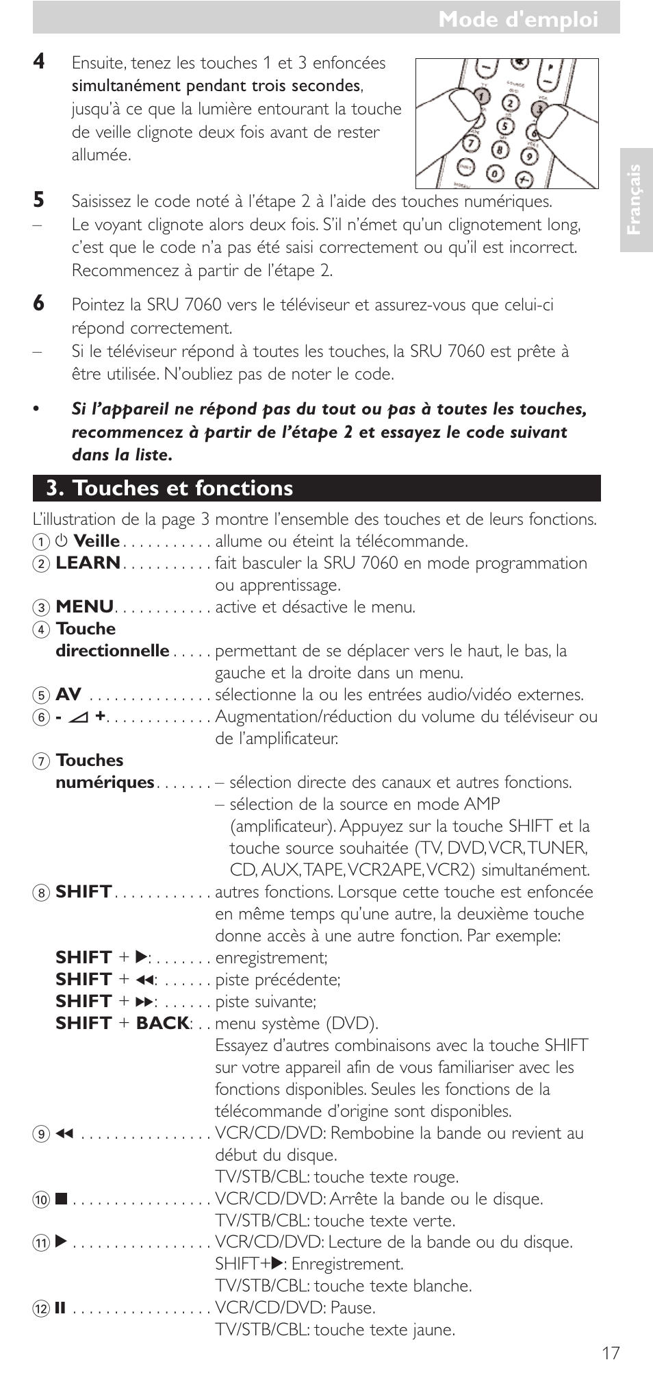 Touches et fonctions, Mode d'emploi | Philips Mando a distancia universal User Manual | Page 17 / 152