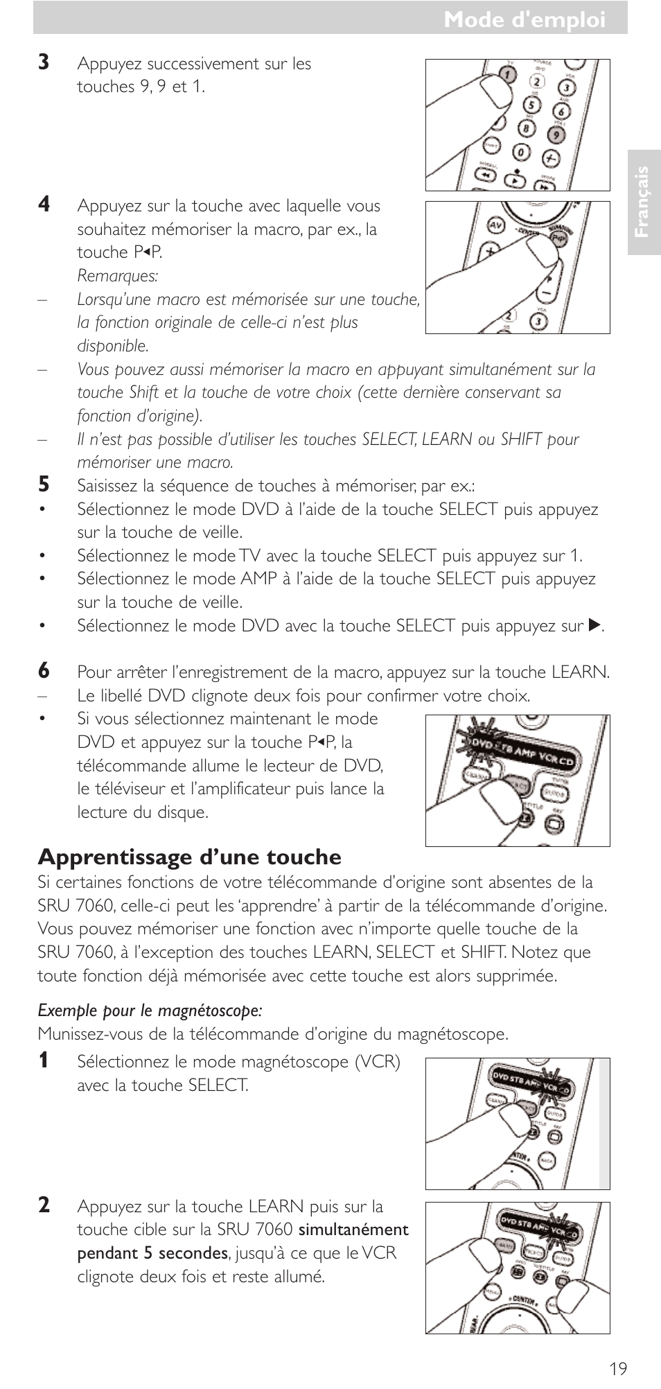 Mode d'emploi, Apprentissage d’une touche | Philips Mando a distancia universal User Manual | Page 19 / 152