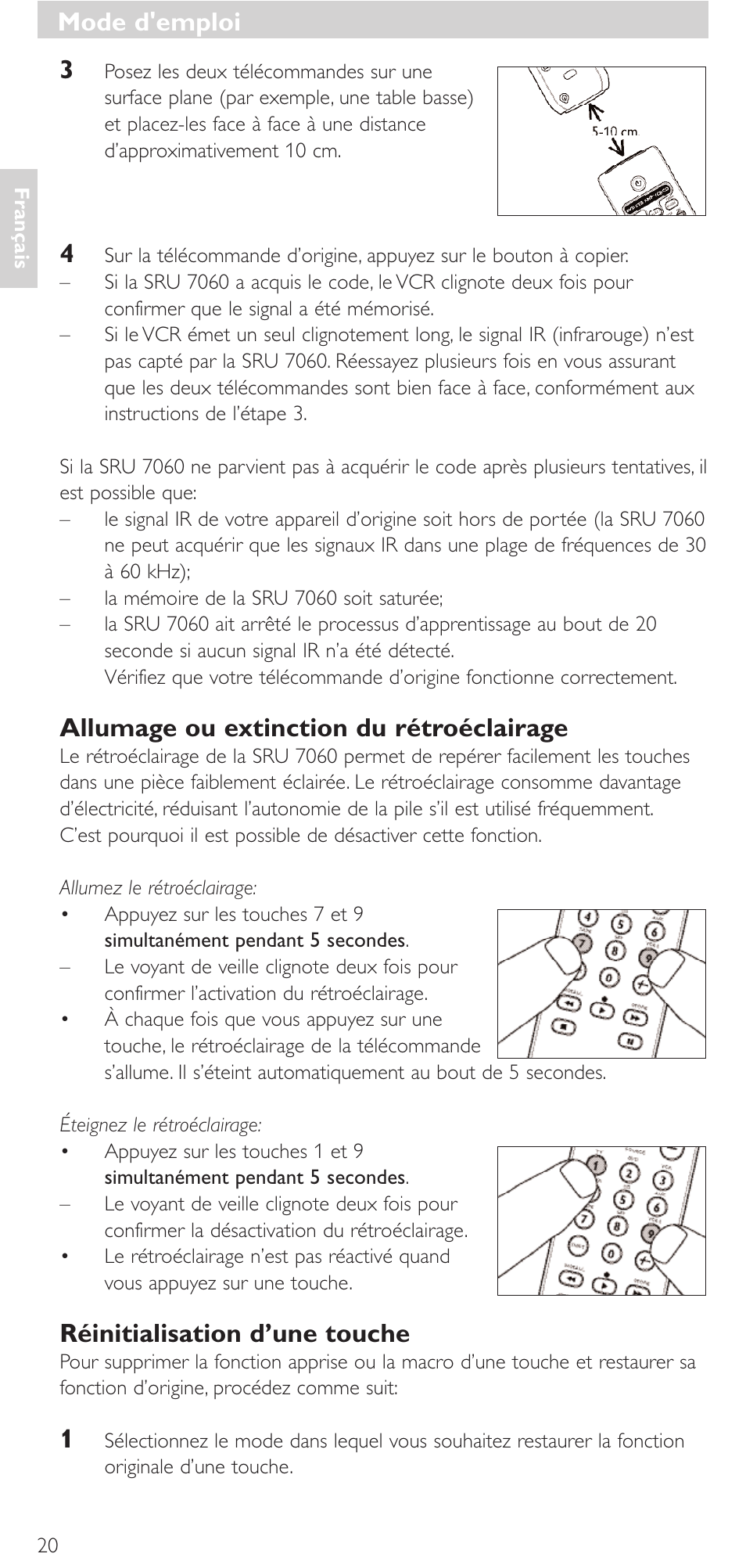 Mode d'emploi, Allumage ou extinction du rétroéclairage, Réinitialisation d’une touche | Philips Mando a distancia universal User Manual | Page 20 / 152