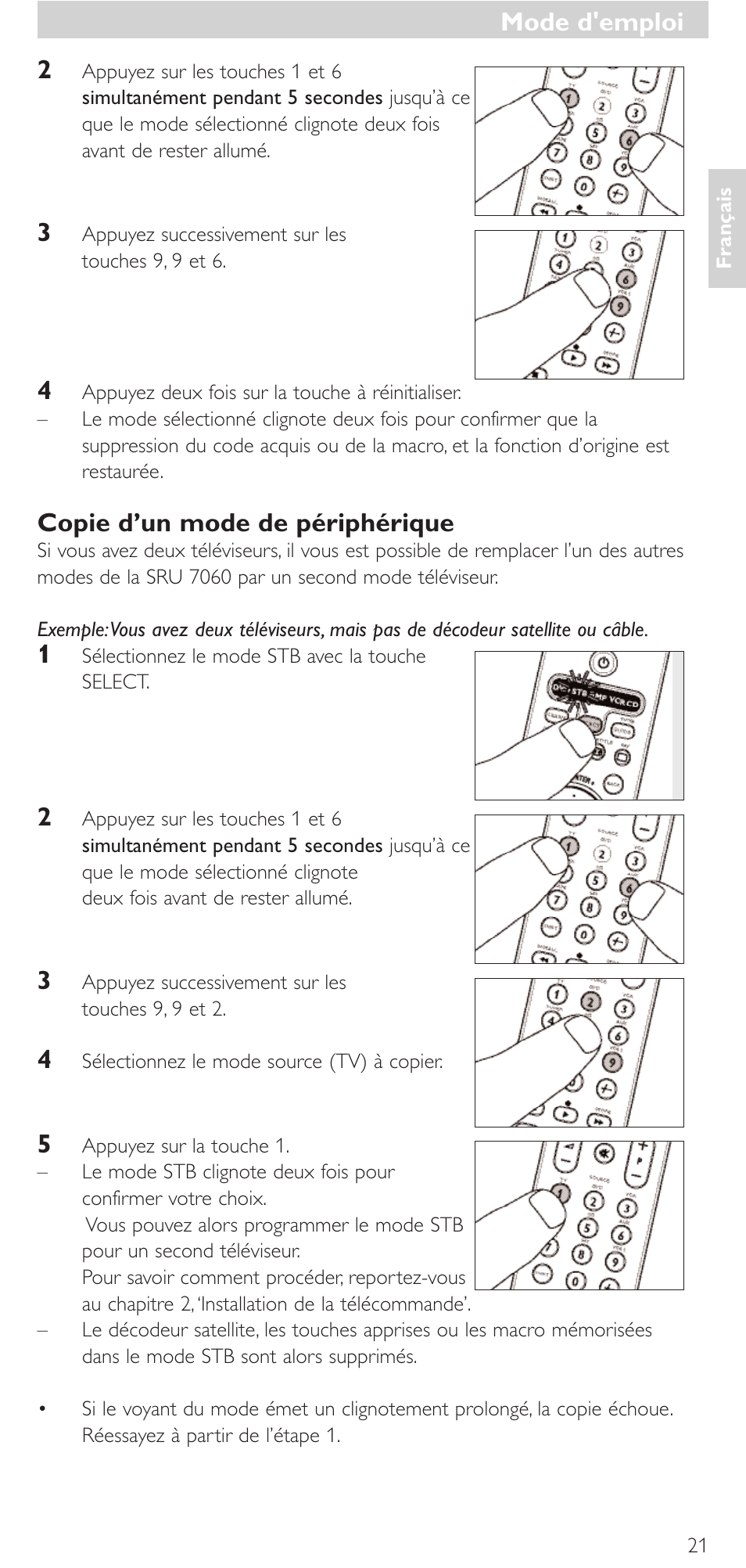 Mode d'emploi, Copie d’un mode de périphérique | Philips Mando a distancia universal User Manual | Page 21 / 152