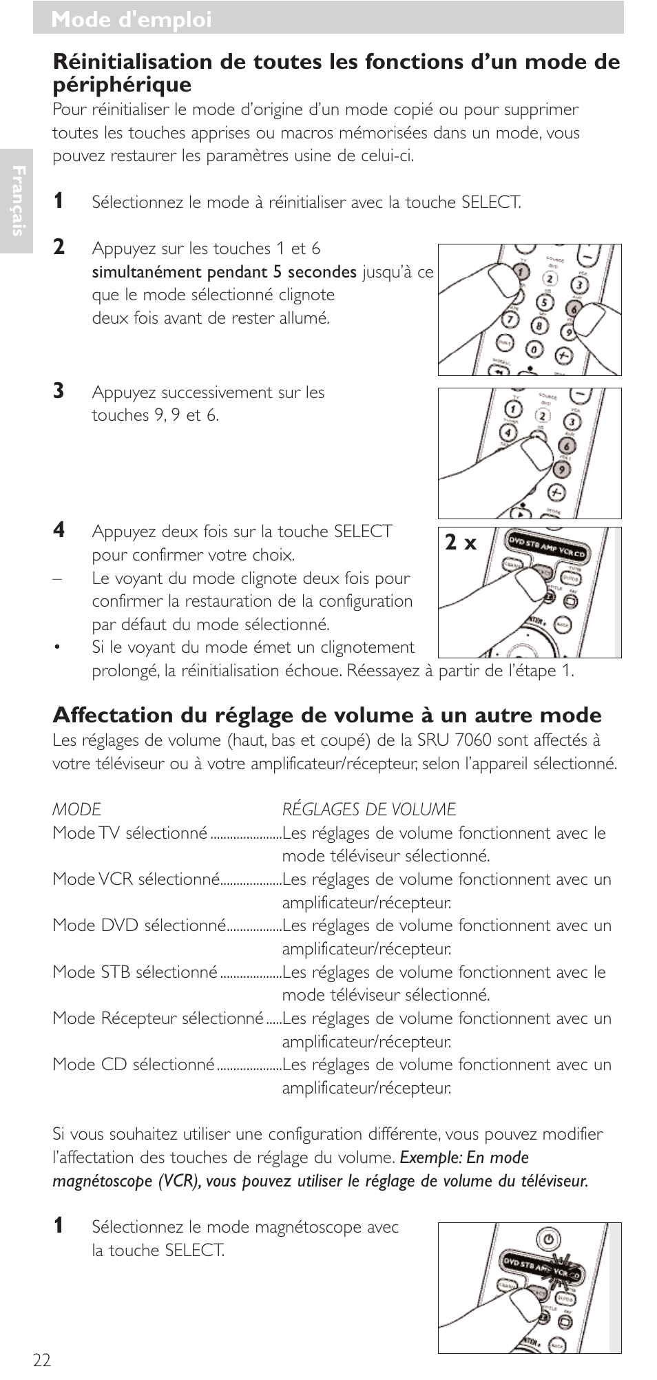 Mode d'emploi, Affectation du réglage de volume à un autre mode | Philips Mando a distancia universal User Manual | Page 22 / 152