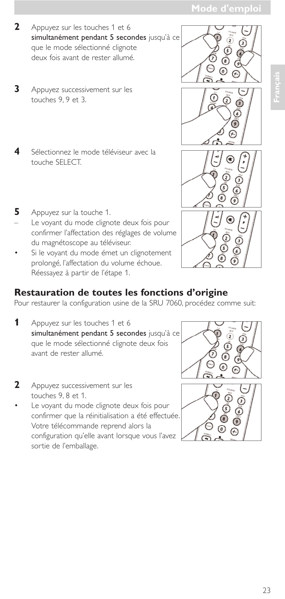 Restauration de toutes les fonctions d’origine, Mode d'emploi | Philips Mando a distancia universal User Manual | Page 23 / 152