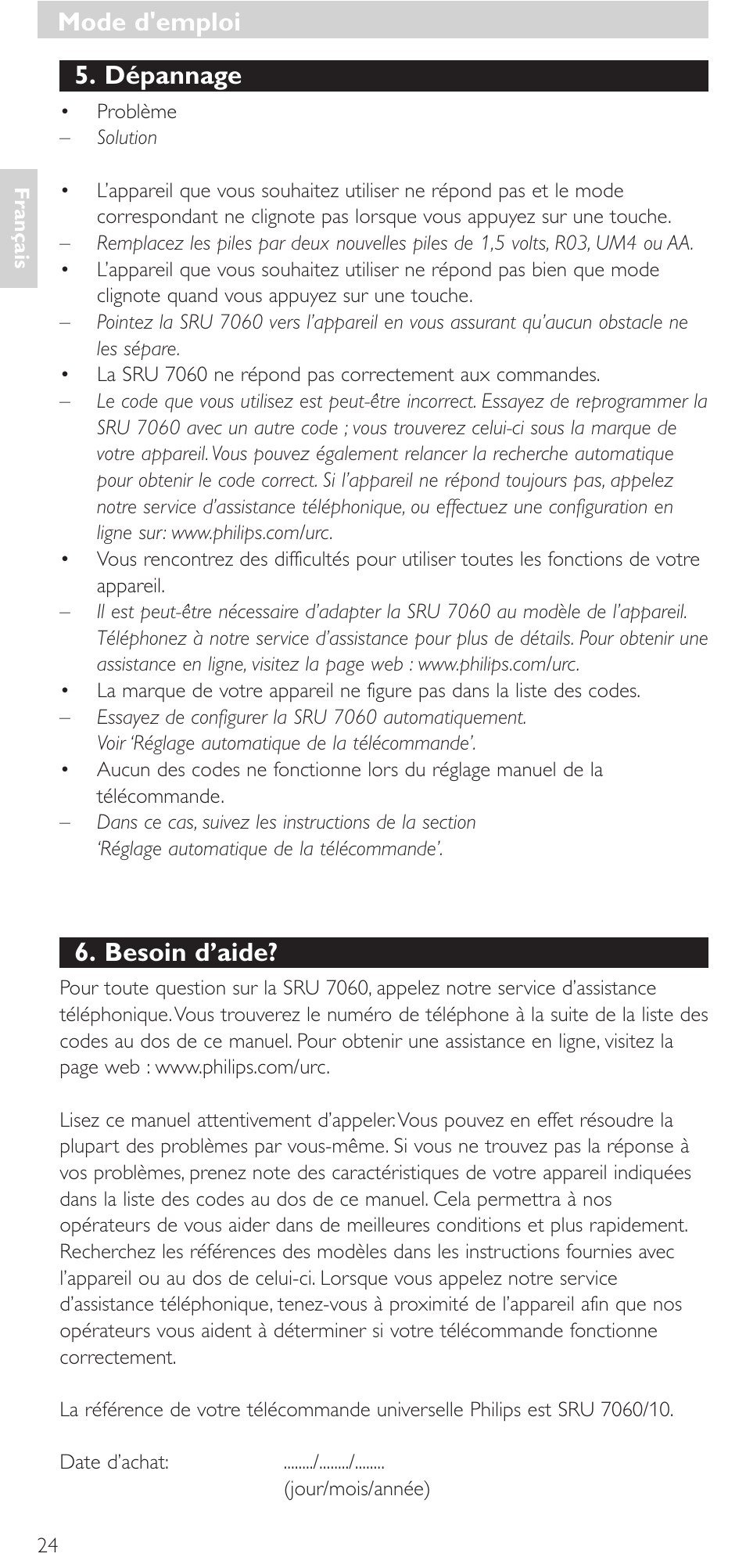 Mode d'emploi, Dépannage, Besoin d’aide | Philips Mando a distancia universal User Manual | Page 24 / 152