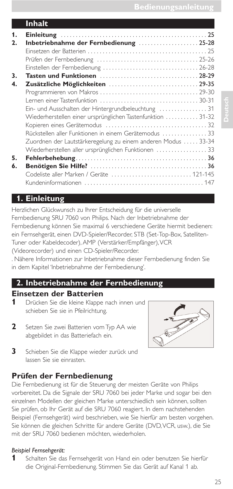 Inhalt, Einleitung, Prüfen der fernbedienung | Bedienungsanleitung | Philips Mando a distancia universal User Manual | Page 25 / 152