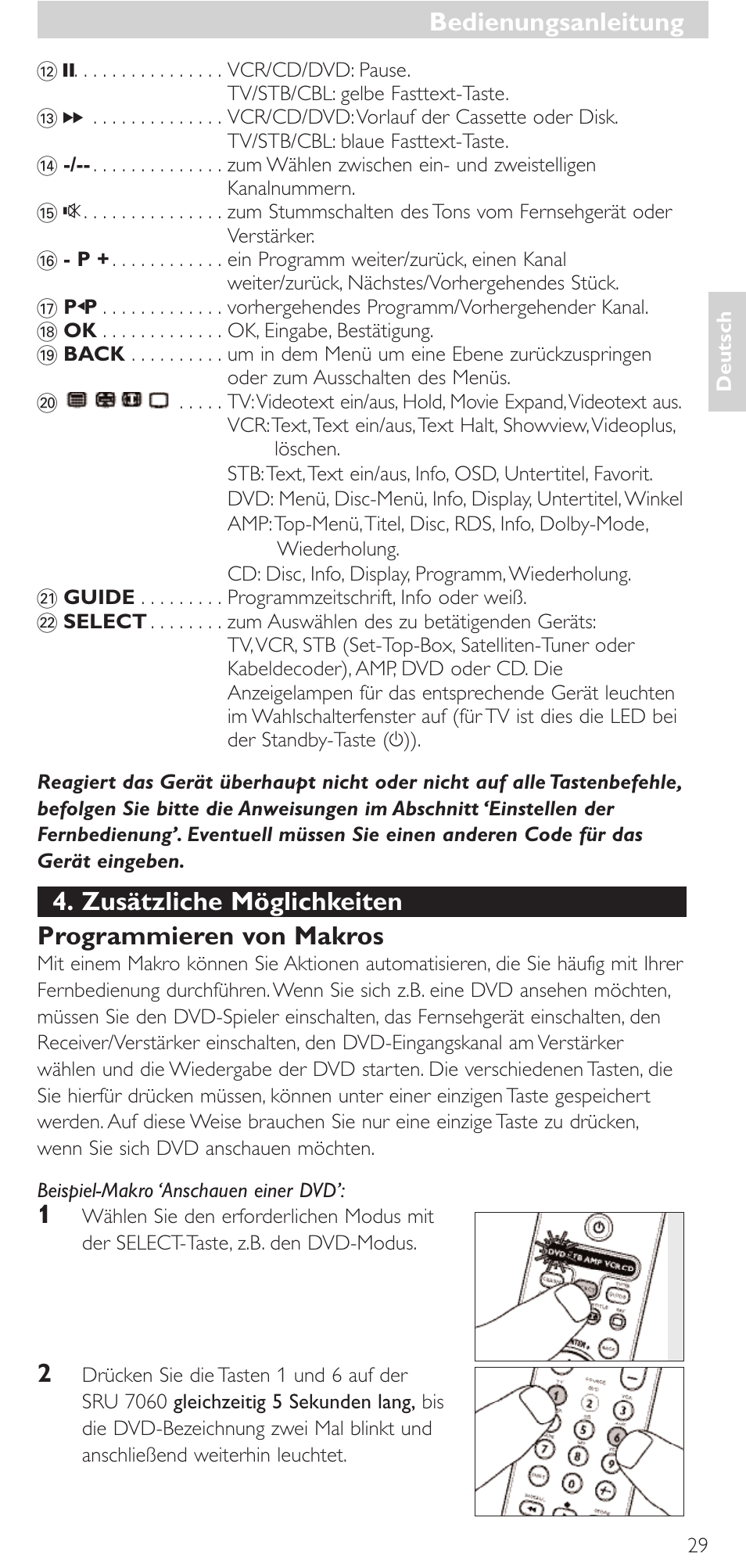 Bedienungsanleitung, Zusätzliche möglichkeiten programmieren von makros | Philips Mando a distancia universal User Manual | Page 29 / 152