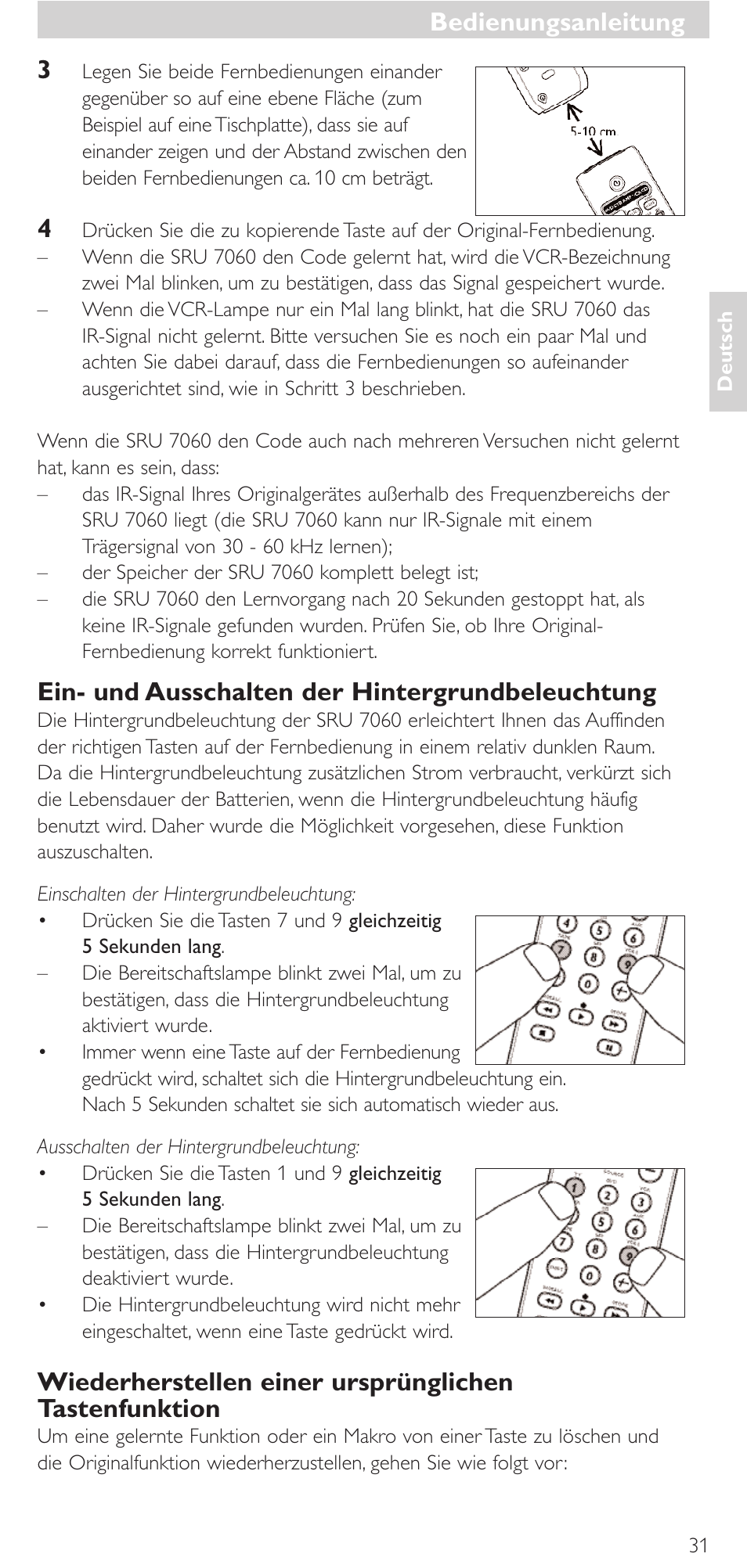 Ein- und ausschalten der hintergrundbeleuchtung, Bedienungsanleitung | Philips Mando a distancia universal User Manual | Page 31 / 152