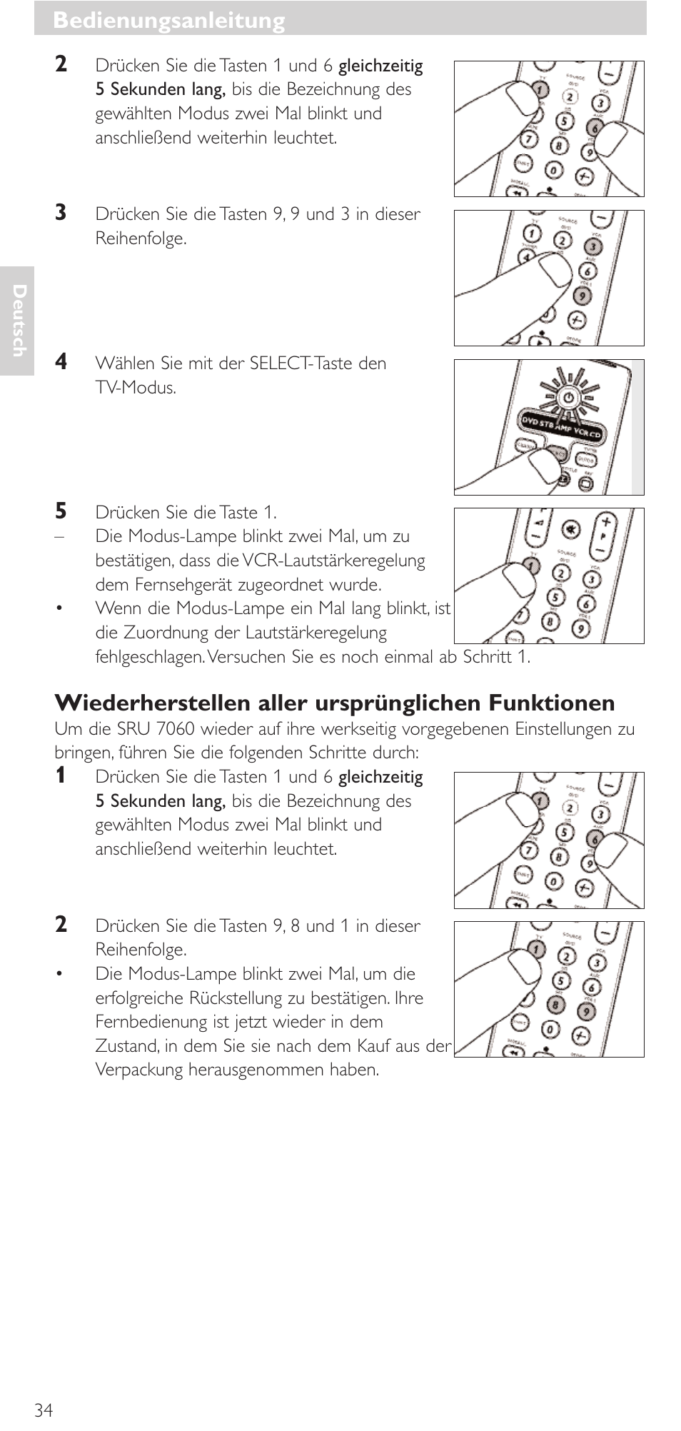 Bedienungsanleitung, Wiederherstellen aller ursprünglichen funktionen | Philips Mando a distancia universal User Manual | Page 34 / 152