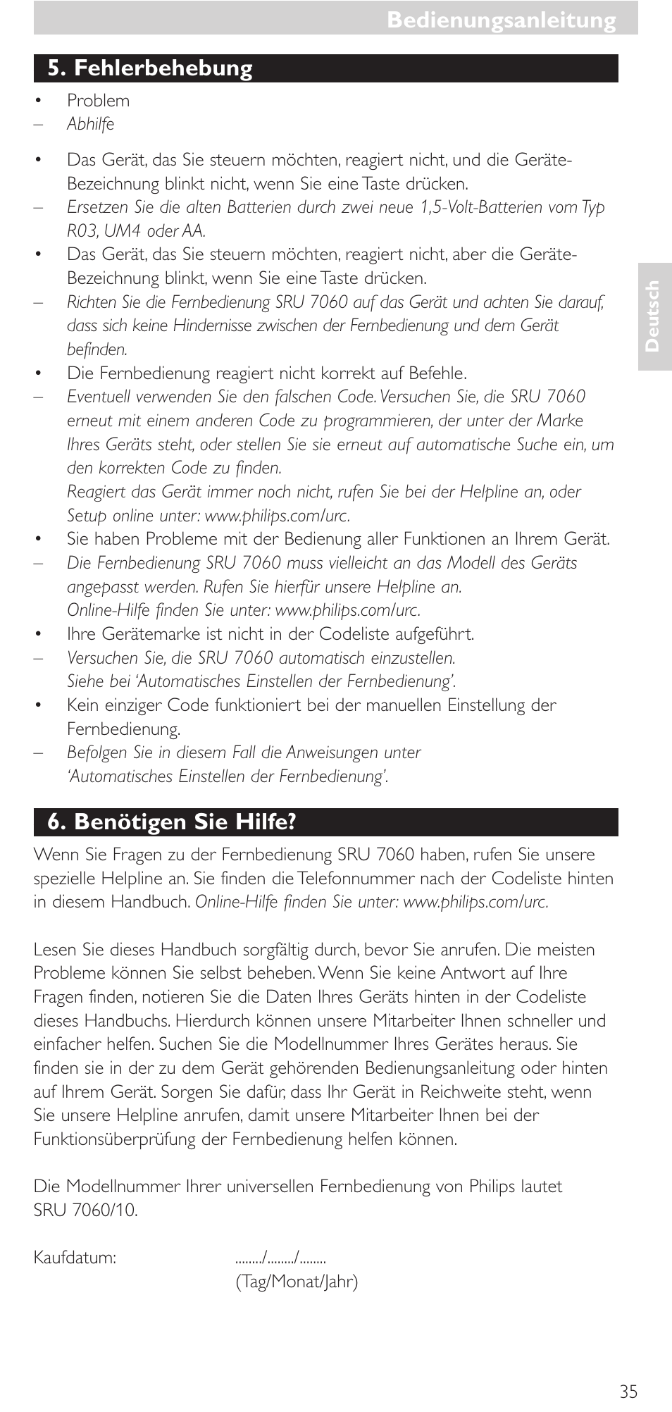 Bedienungsanleitung, Fehlerbehebung, Benötigen sie hilfe | Philips Mando a distancia universal User Manual | Page 35 / 152