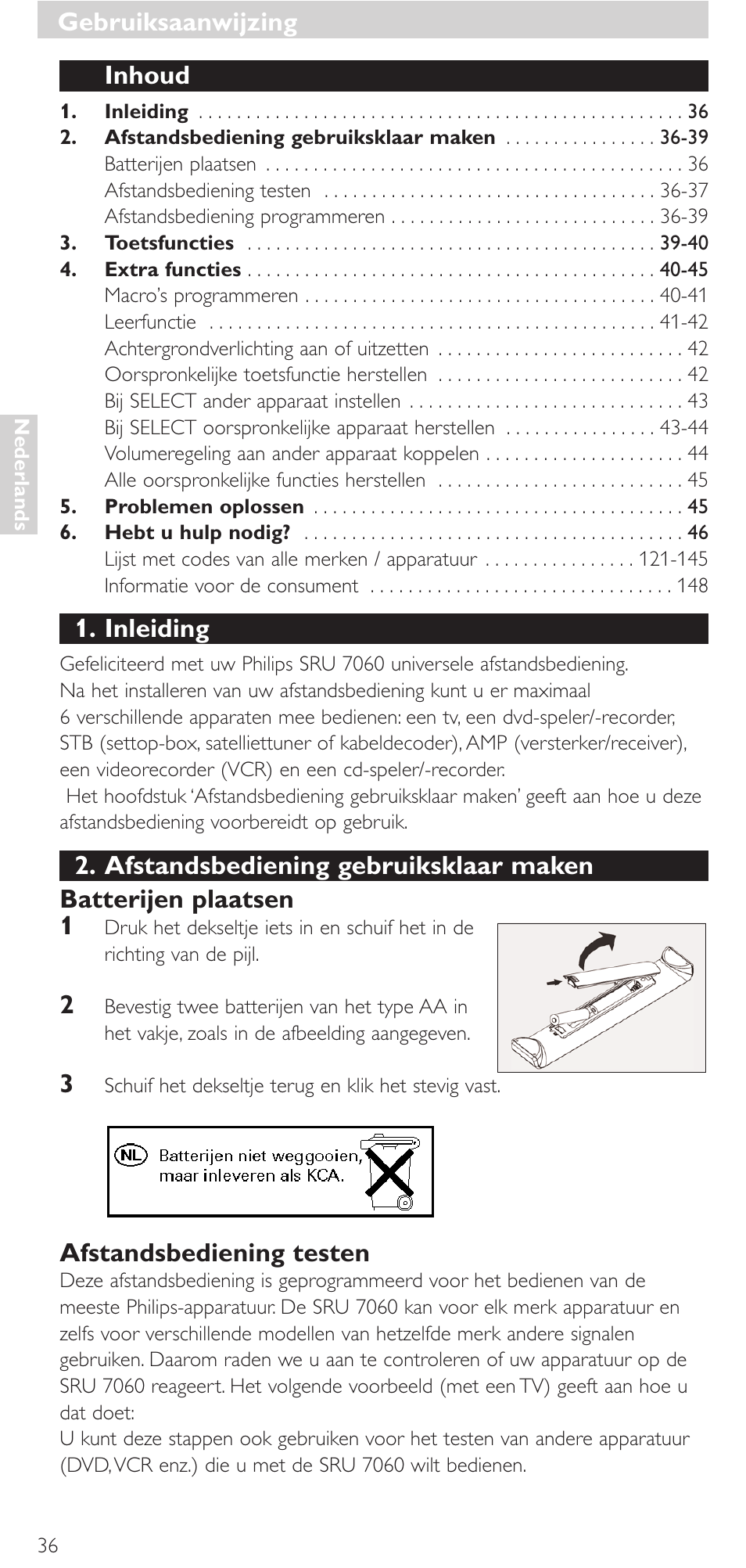 Inhoud, Inleiding, Afstandsbediening testen | Gebruiksaanwijzing | Philips Mando a distancia universal User Manual | Page 36 / 152