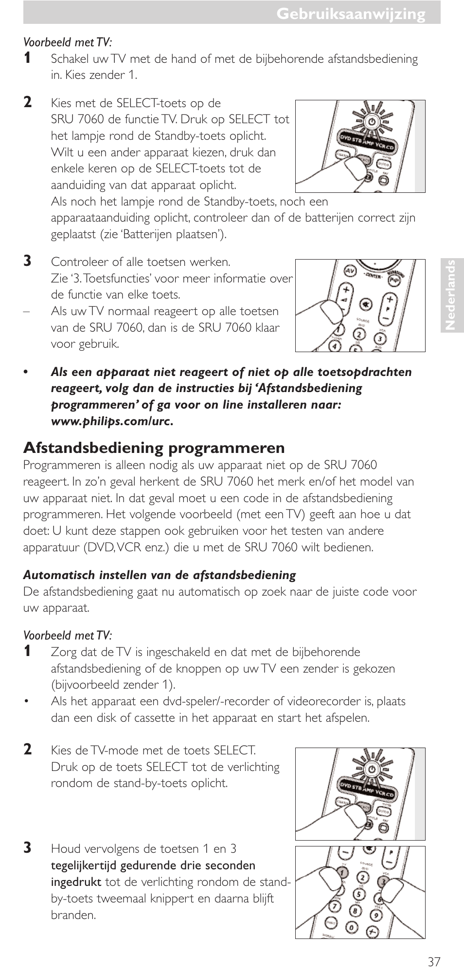 Afstandsbediening programmeren, Gebruiksaanwijzing | Philips Mando a distancia universal User Manual | Page 37 / 152