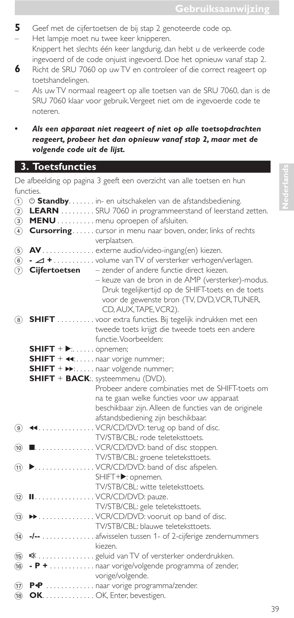 Toetsfuncties, Gebruiksaanwijzing | Philips Mando a distancia universal User Manual | Page 39 / 152