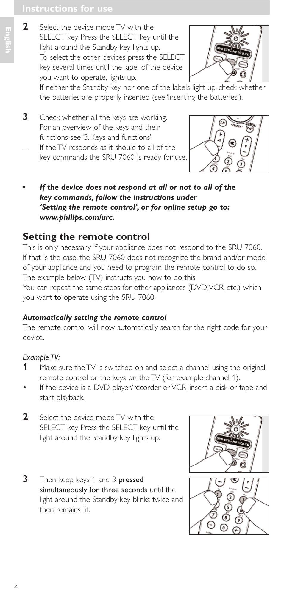 Setting the remote control, Instructions for use | Philips Mando a distancia universal User Manual | Page 4 / 152