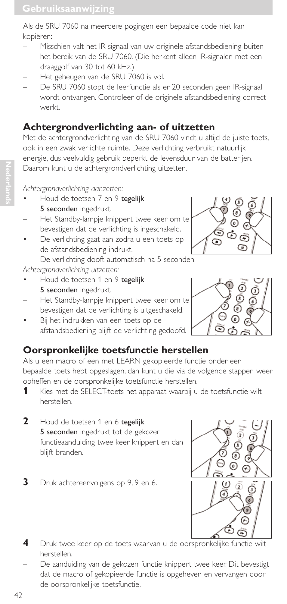 Achtergrondverlichting aan- of uitzetten, Oorspronkelijke toetsfunctie herstellen, Gebruiksaanwijzing | Philips Mando a distancia universal User Manual | Page 42 / 152