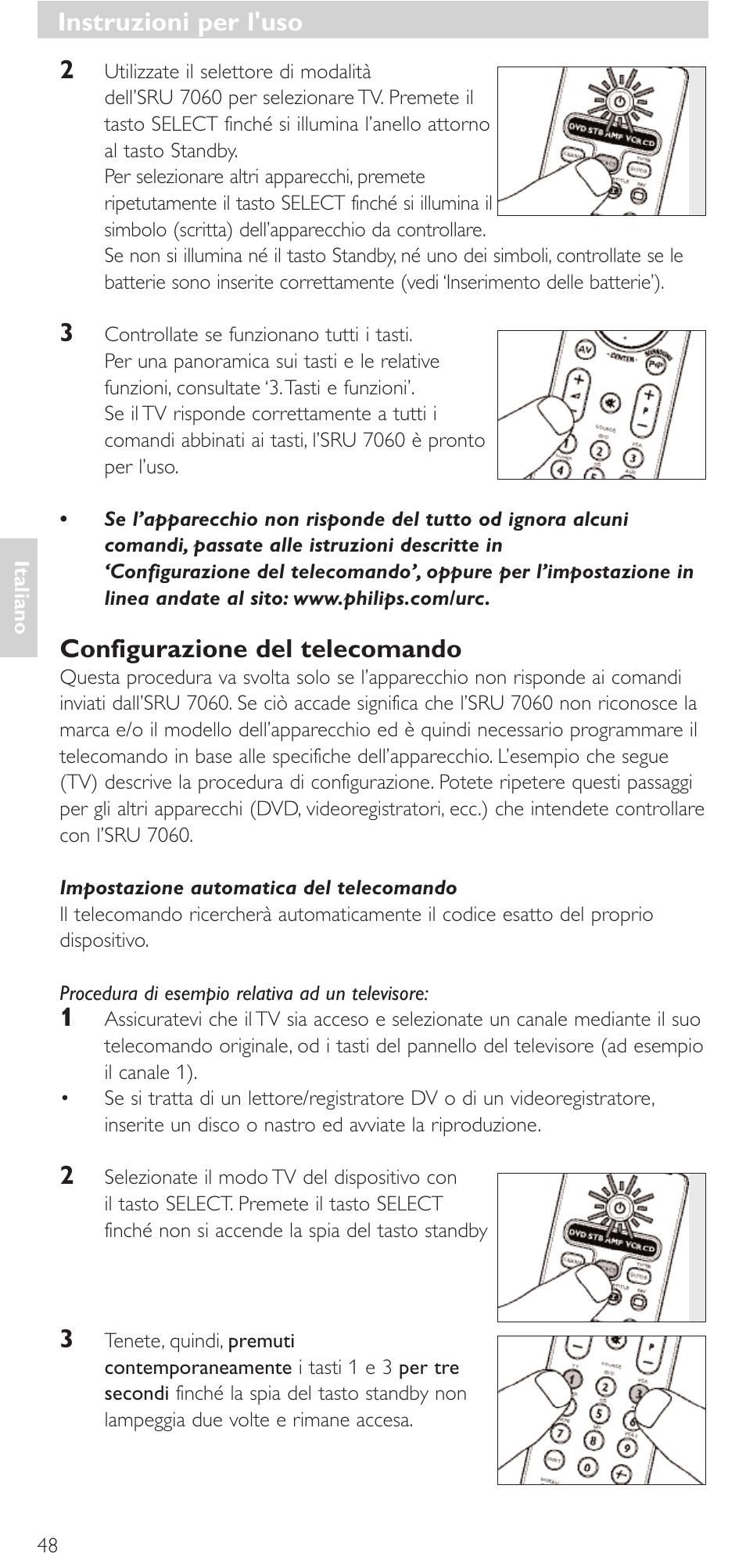 Configurazione del telecomando, Instruzioni per l'uso | Philips Mando a distancia universal User Manual | Page 48 / 152
