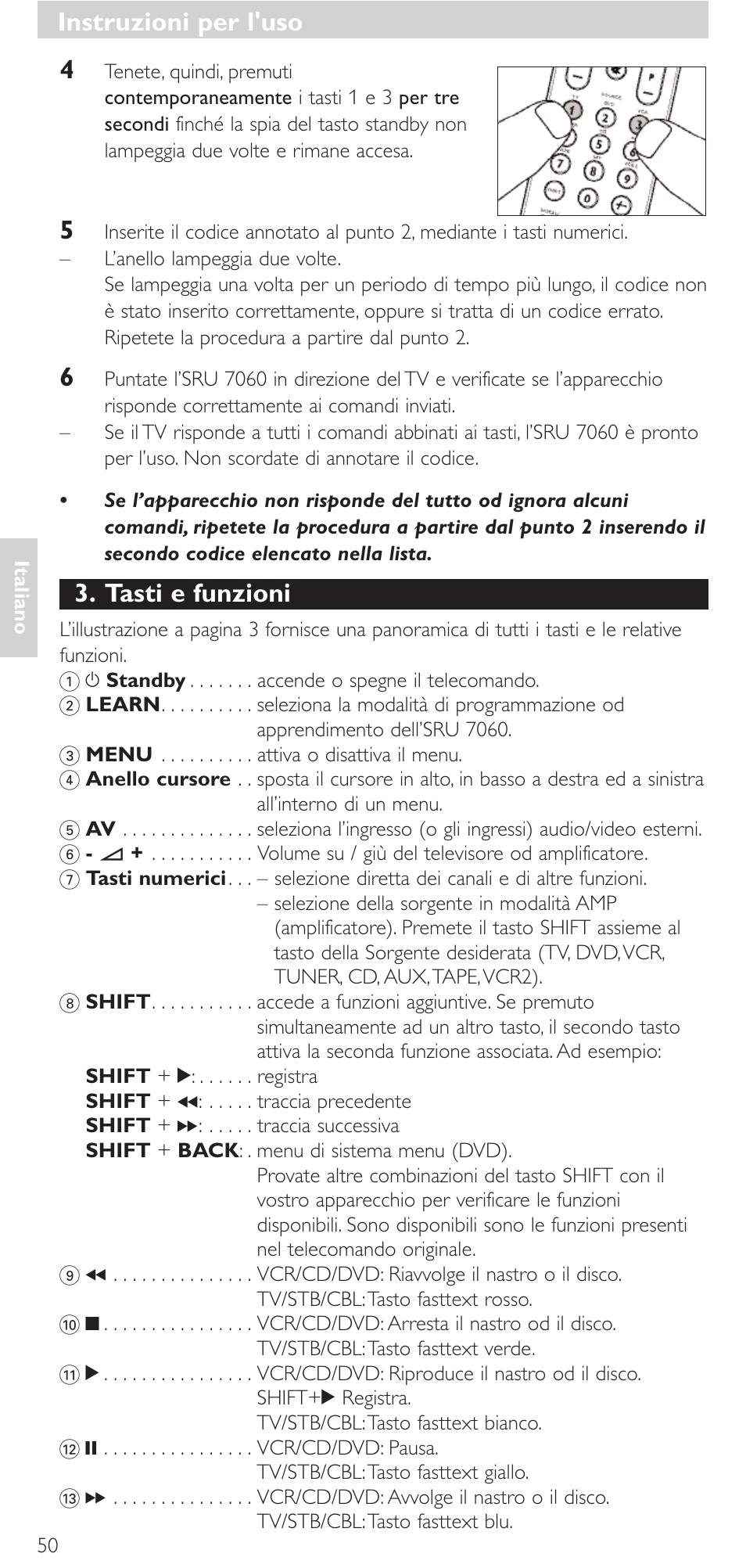 Tasti e funzioni, Instruzioni per l'uso | Philips Mando a distancia universal User Manual | Page 50 / 152