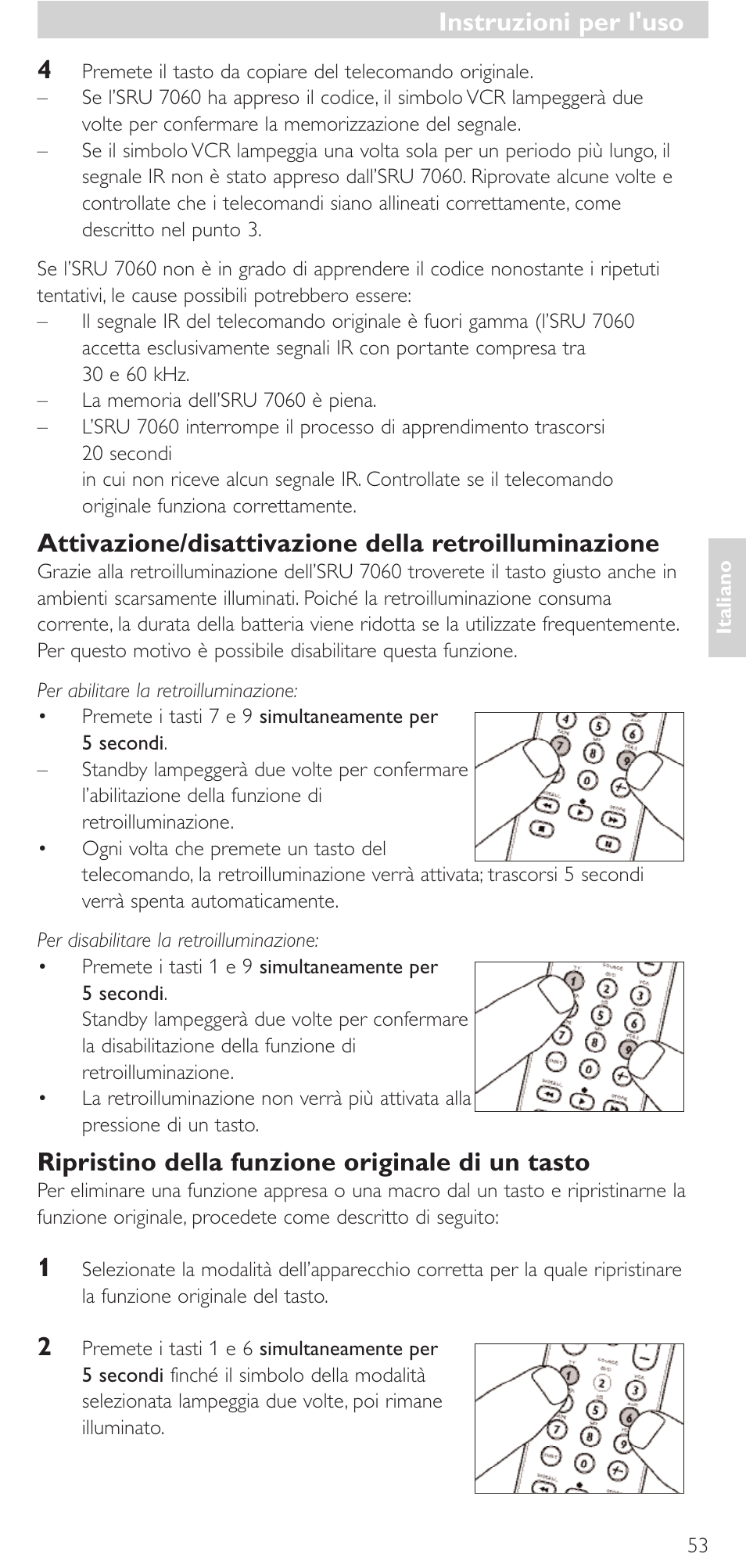 Instruzioni per l'uso, Ripristino della funzione originale di un tasto | Philips Mando a distancia universal User Manual | Page 53 / 152