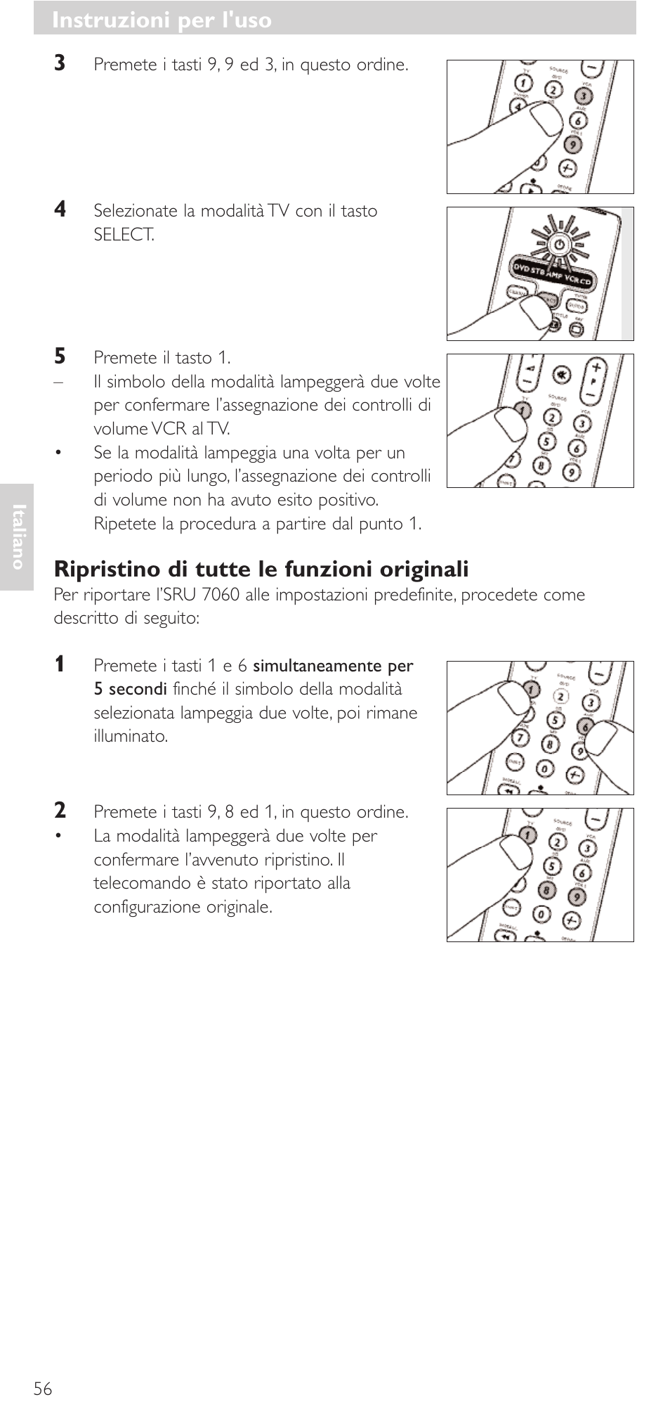 Ripristino di tutte le funzioni originali, Instruzioni per l'uso | Philips Mando a distancia universal User Manual | Page 56 / 152