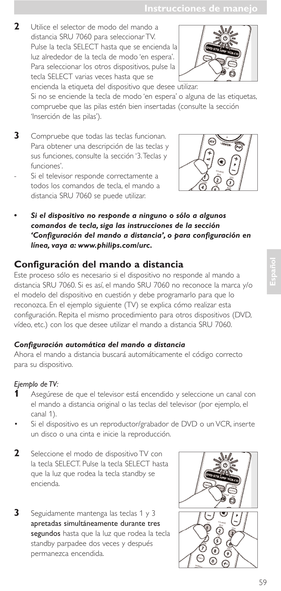 Instrucciones de manejo, Configuración del mando a distancia | Philips Mando a distancia universal User Manual | Page 59 / 152