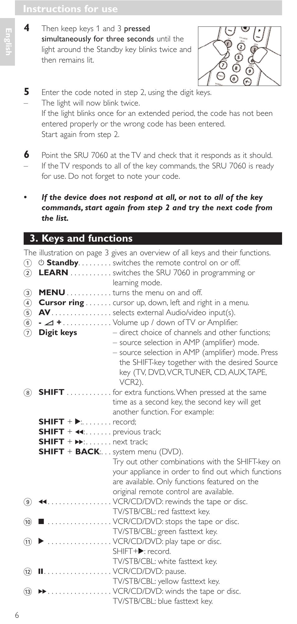 Keys and functions, Instructions for use | Philips Mando a distancia universal User Manual | Page 6 / 152