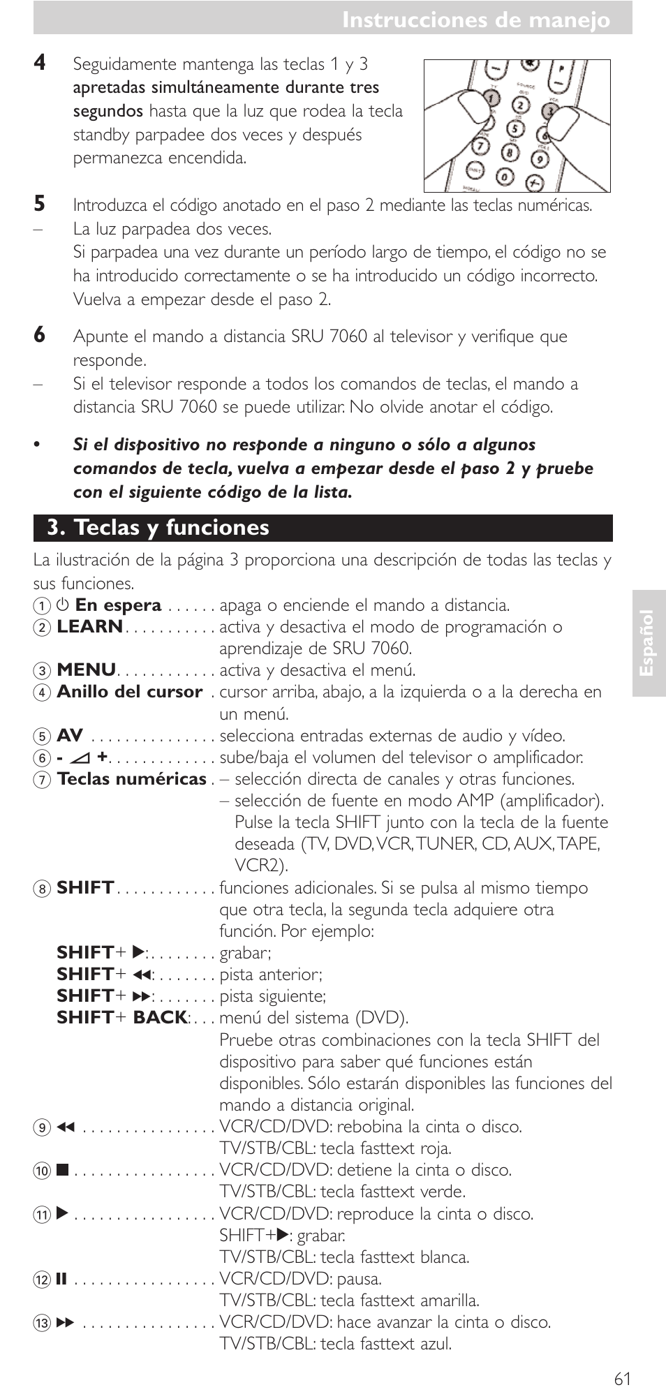 Instrucciones de manejo, Teclas y funciones | Philips Mando a distancia universal User Manual | Page 61 / 152