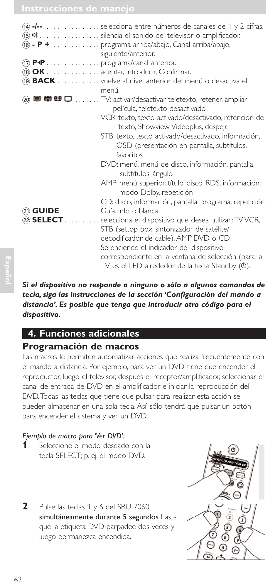 Instrucciones de manejo, Funciones adicionales programación de macros | Philips Mando a distancia universal User Manual | Page 62 / 152