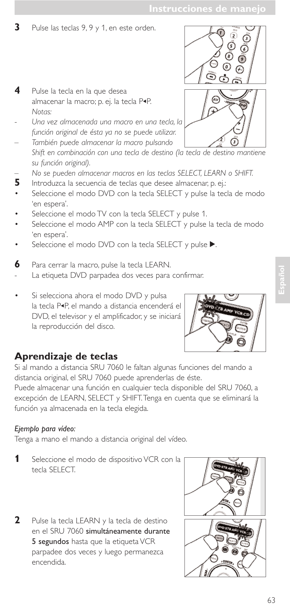 Aprendizaje de teclas, Instrucciones de manejo | Philips Mando a distancia universal User Manual | Page 63 / 152