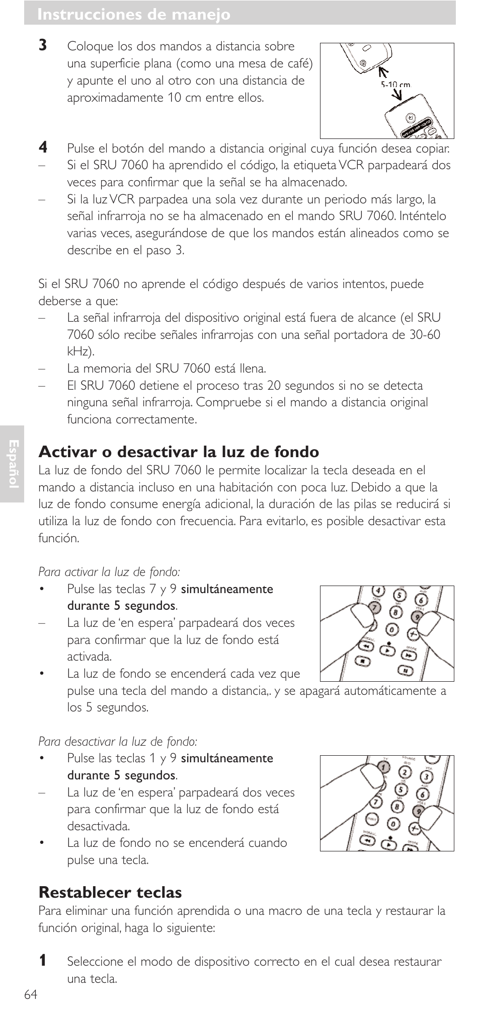 Instrucciones de manejo, Activar o desactivar la luz de fondo, Restablecer teclas | Philips Mando a distancia universal User Manual | Page 64 / 152