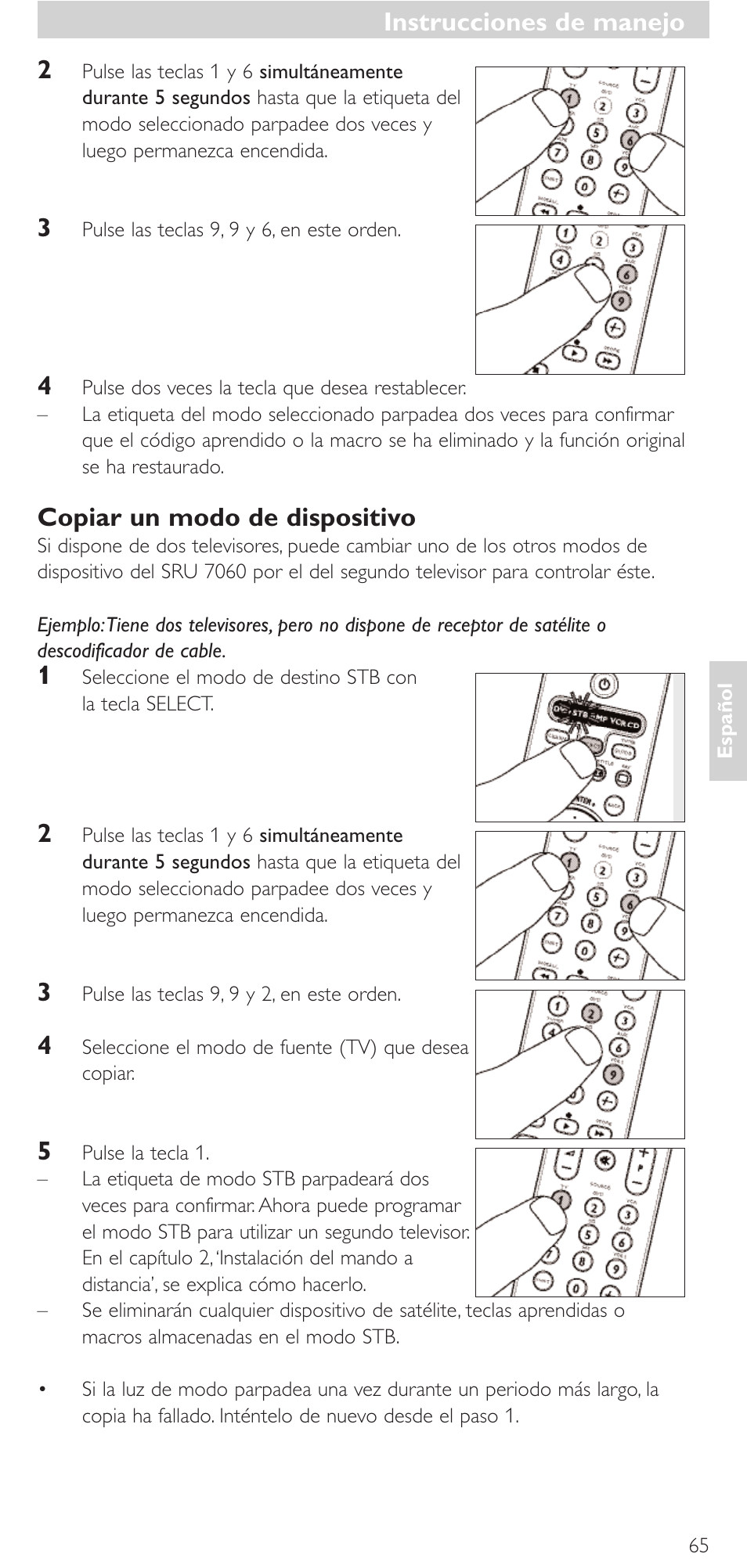 Instrucciones de manejo, Copiar un modo de dispositivo | Philips Mando a distancia universal User Manual | Page 65 / 152