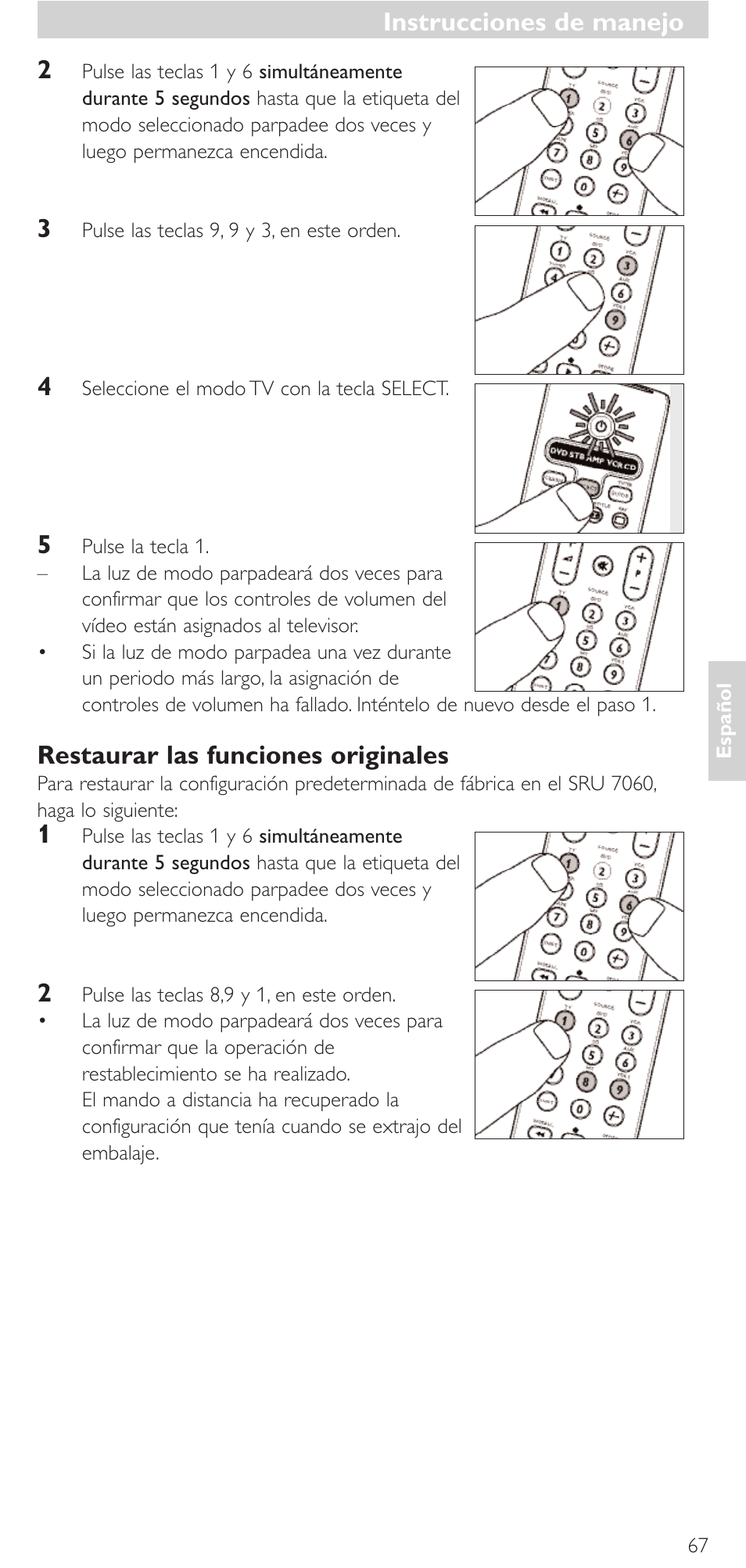 Instrucciones de manejo, Restaurar las funciones originales | Philips Mando a distancia universal User Manual | Page 67 / 152