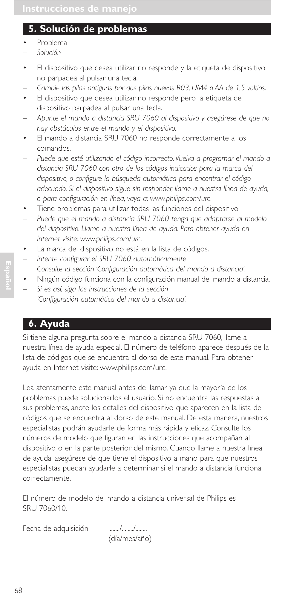 Instrucciones de manejo, Solución de problemas, Ayuda | Philips Mando a distancia universal User Manual | Page 68 / 152
