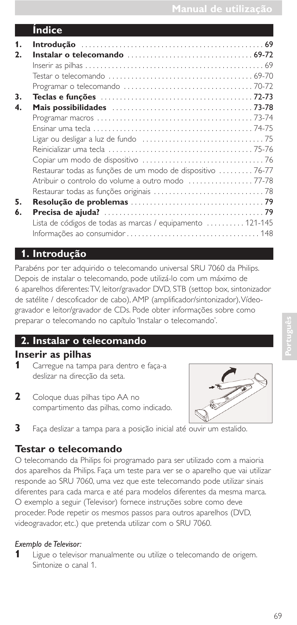 Índice, Introdução, Instalar o telecomando inserir as pilhas 1 | Testar o telecomando, Manual de utilização | Philips Mando a distancia universal User Manual | Page 69 / 152