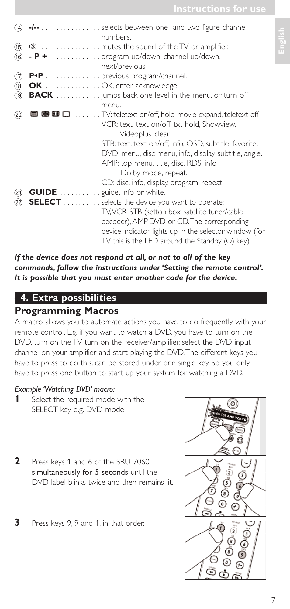 Extra possibilities programming macros, Instructions for use | Philips Mando a distancia universal User Manual | Page 7 / 152