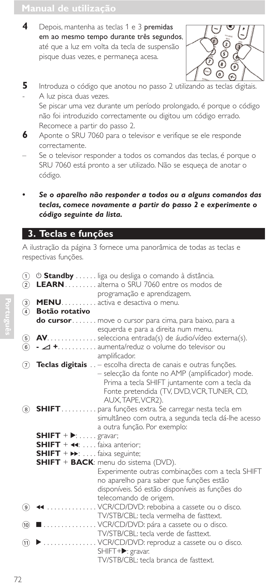 Teclas e funções, Manual de utilização | Philips Mando a distancia universal User Manual | Page 72 / 152