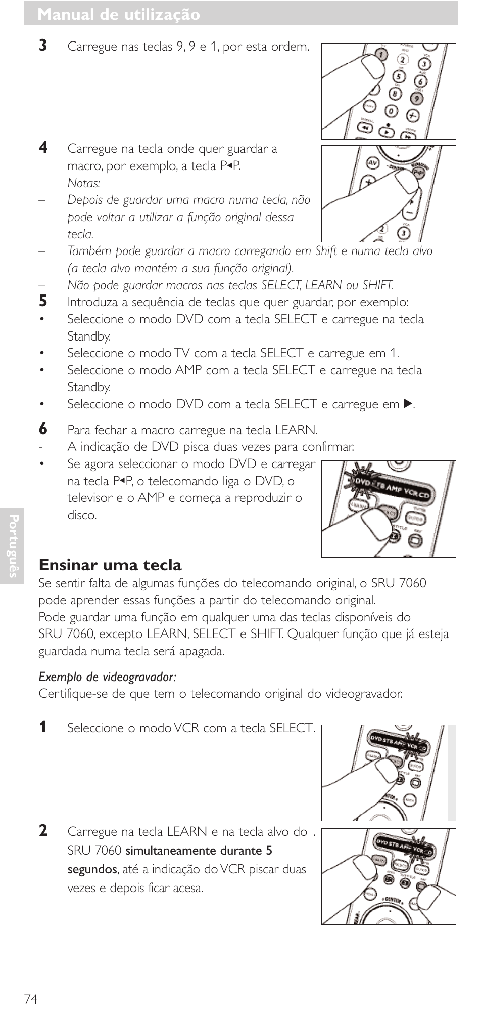 Ensinar uma tecla, Manual de utilização | Philips Mando a distancia universal User Manual | Page 74 / 152