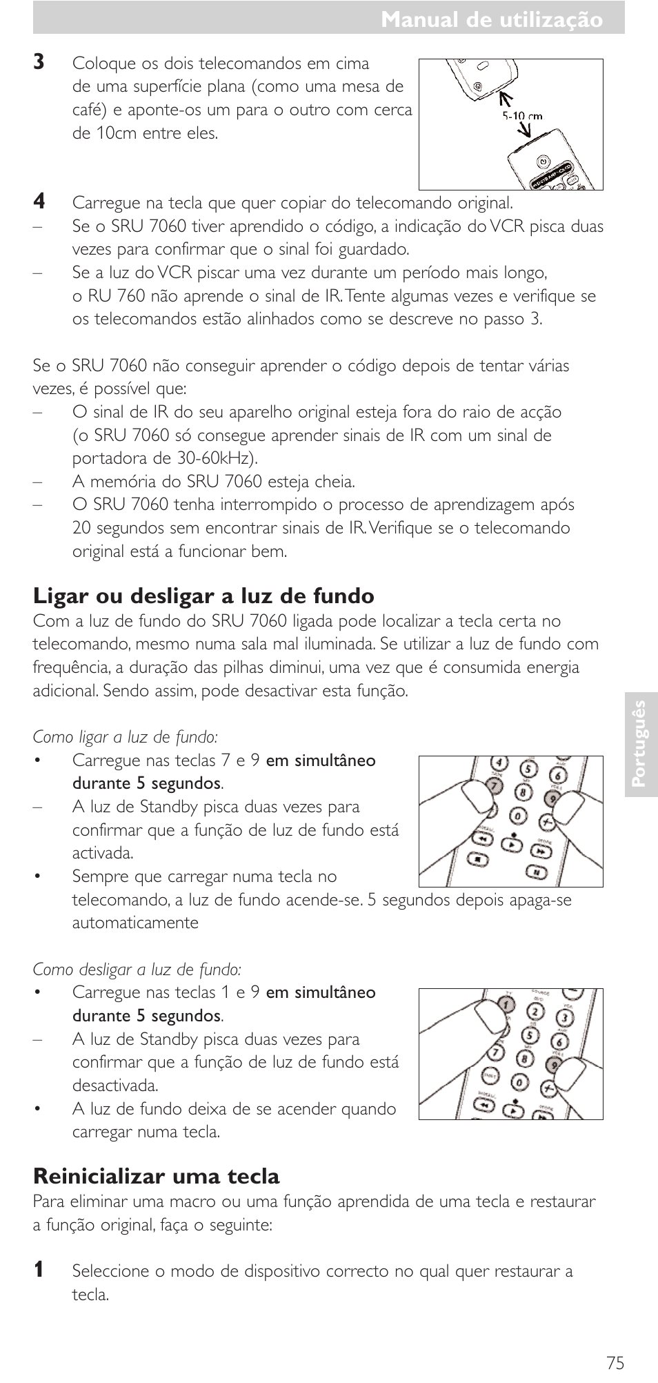 Ligar ou desligar a luz de fundo, Reinicializar uma tecla, Manual de utilização | Philips Mando a distancia universal User Manual | Page 75 / 152