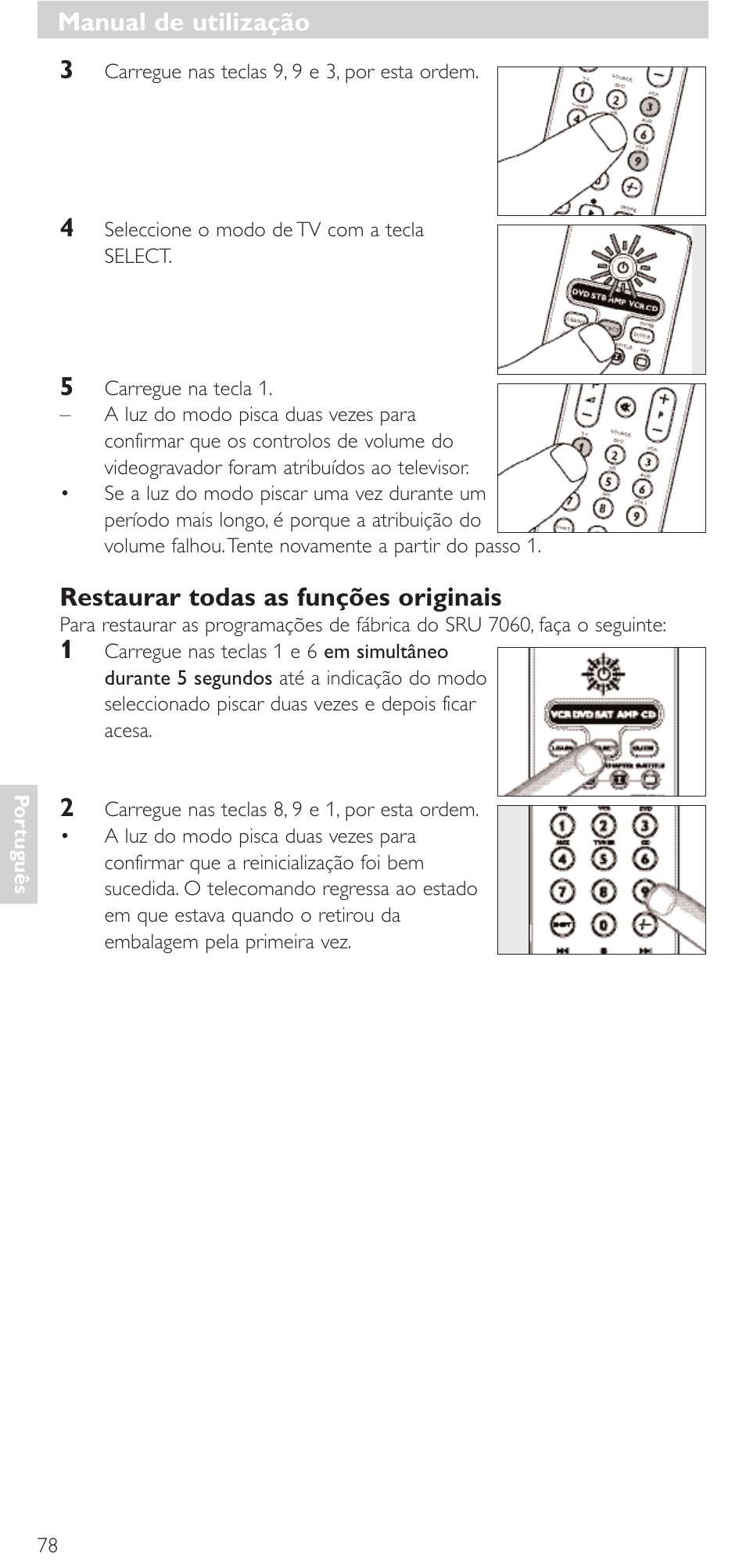 Manual de utilização, Restaurar todas as funções originais | Philips Mando a distancia universal User Manual | Page 78 / 152