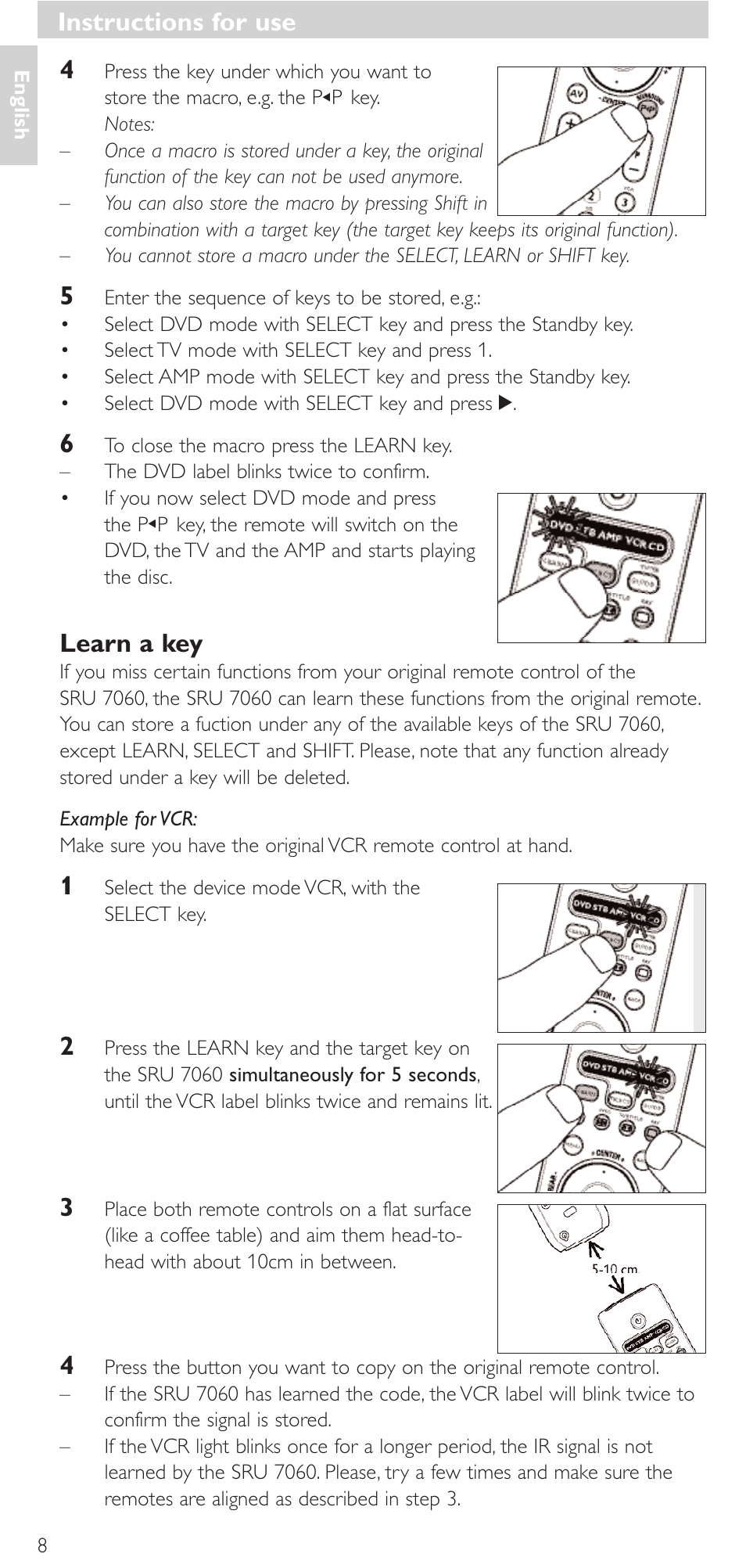 Learn a key, Instructions for use | Philips Mando a distancia universal User Manual | Page 8 / 152