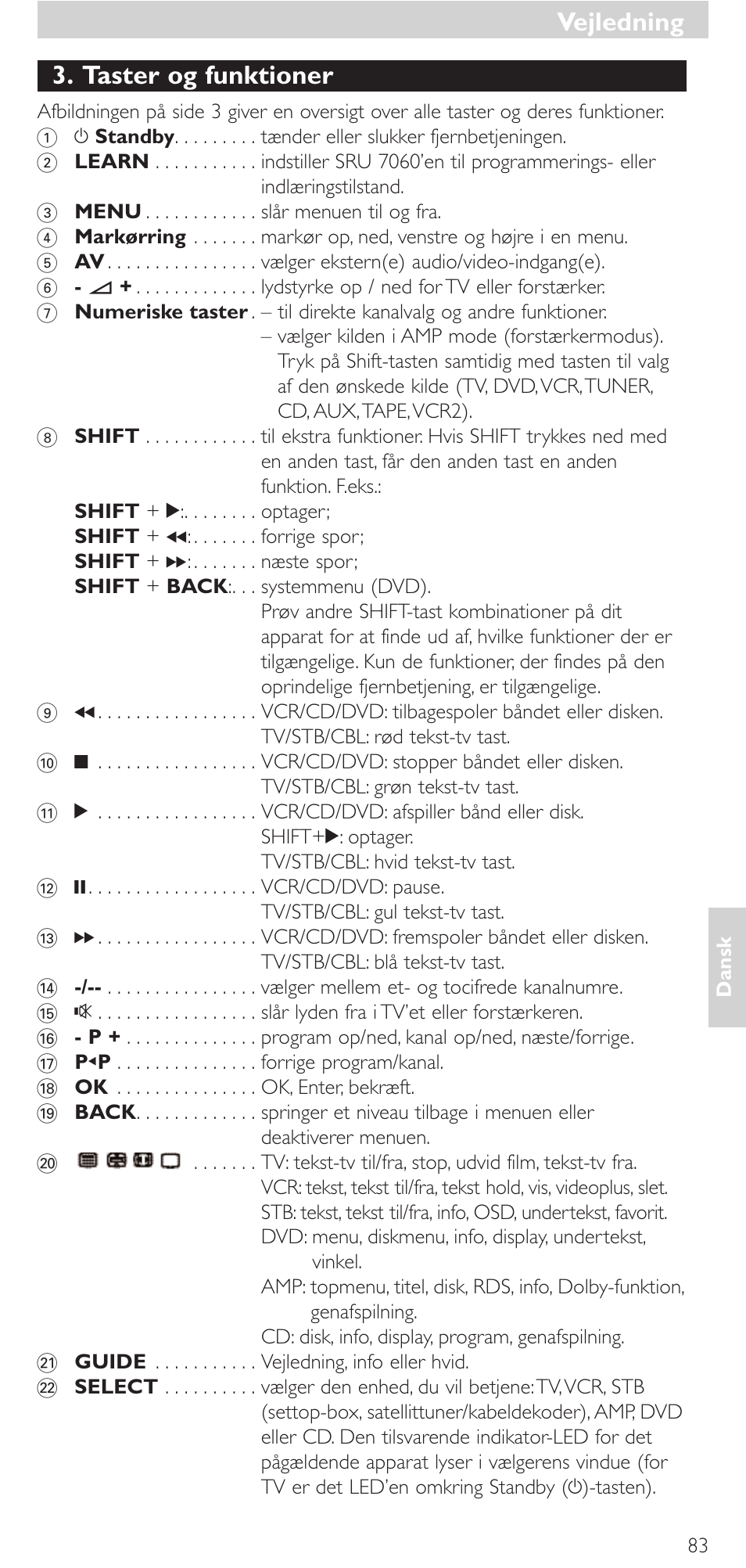 Taster og funktioner, Vejledning | Philips Mando a distancia universal User Manual | Page 83 / 152
