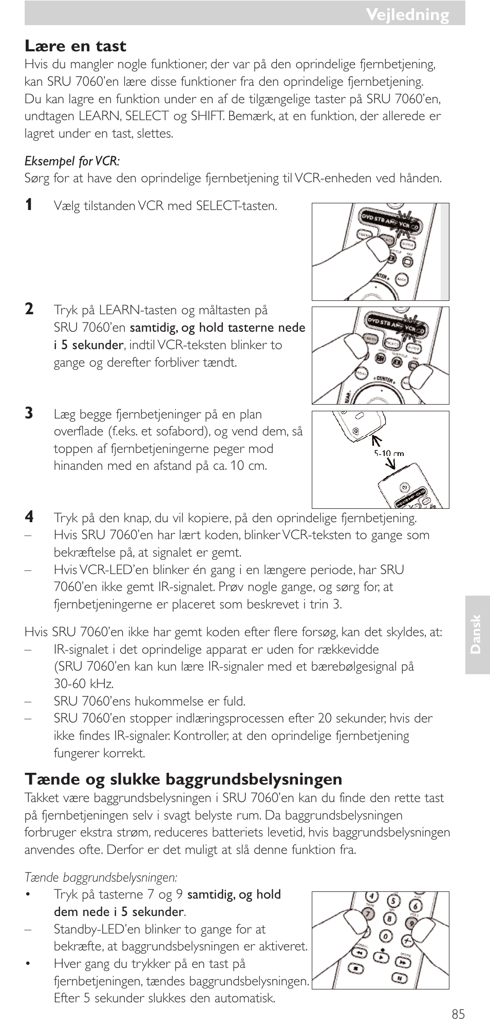 Lære en tast, Tænde og slukke baggrundsbelysningen, Vejledning | Philips Mando a distancia universal User Manual | Page 85 / 152