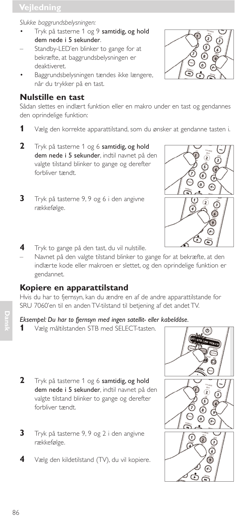 Nulstille en tast, Kopiere en apparattilstand, Vejledning | Philips Mando a distancia universal User Manual | Page 86 / 152