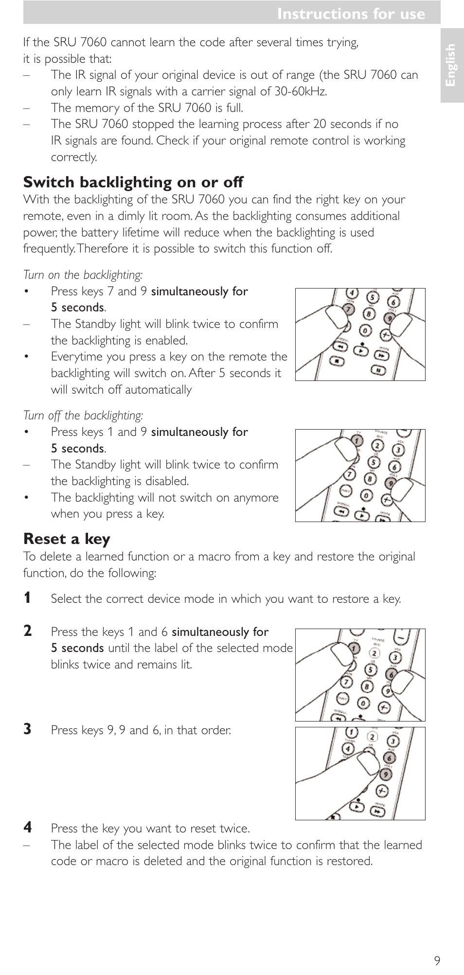Switch backlighting on or off, Reset a key, Instructions for use | Philips Mando a distancia universal User Manual | Page 9 / 152