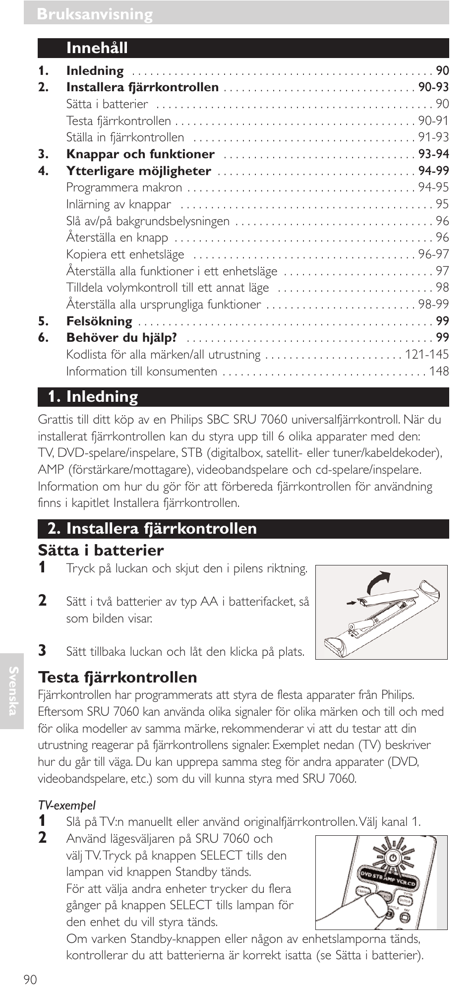 Innehåll, Inledning, Installera fjärrkontrollen sätta i batterier 1 | Testa fjärrkontrollen, Bruksanvisning | Philips Mando a distancia universal User Manual | Page 90 / 152