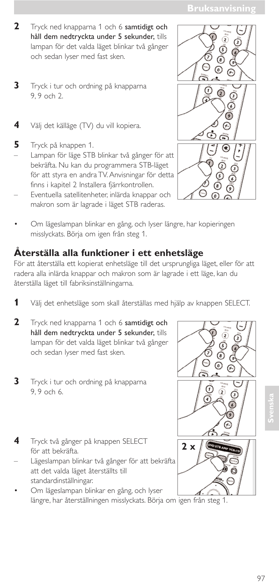Bruksanvisning, Återställa alla funktioner i ett enhetsläge | Philips Mando a distancia universal User Manual | Page 97 / 152