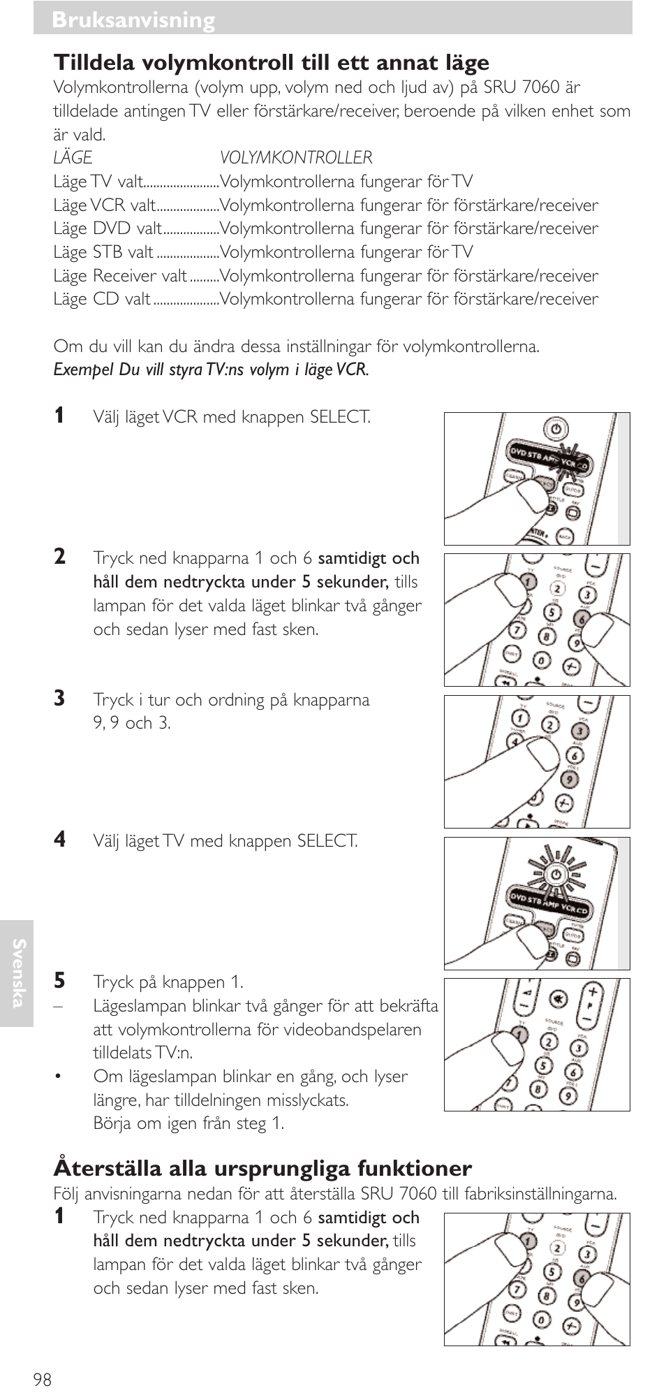 Bruksanvisning, Tilldela volymkontroll till ett annat läge, Återställa alla ursprungliga funktioner | Philips Mando a distancia universal User Manual | Page 98 / 152