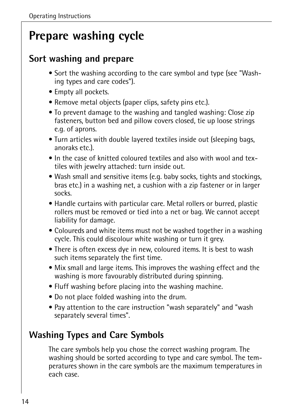 Prepare washing cycle, Sort washing and prepare, Washing types and care symbols | AEG OKO-LAVAMAT 70330 User Manual | Page 14 / 52